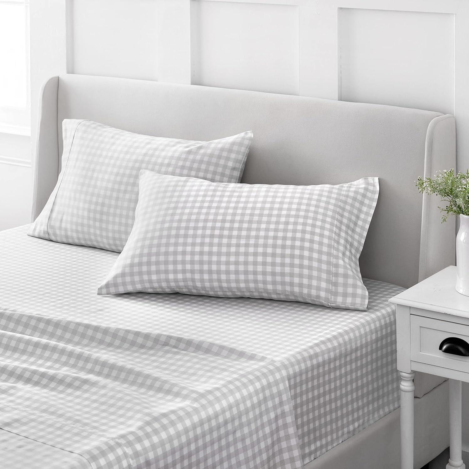 imageMARTHA STEWART 100 Cotton Full Size Sheet Set 4 Piece Soft Smooth Durable Easy Care 16 Deep Pocket Sheets Sateen Sheets 1 Flat 1 Fitted 2 Pillowcases Light BlueGingham Light Gray