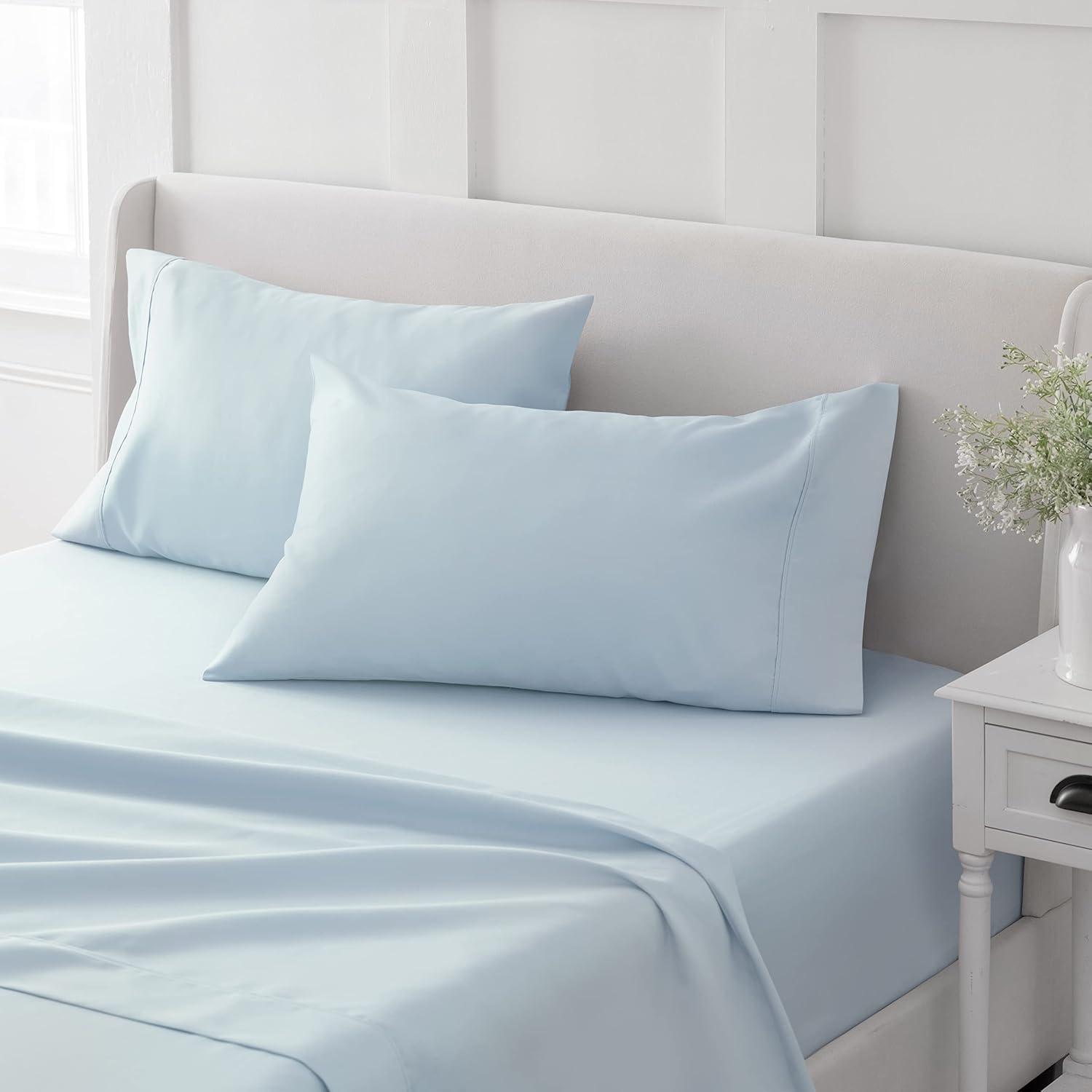 imageMARTHA STEWART 100 Cotton Full Size Sheet Set 4 Piece Soft Smooth Durable Easy Care 16 Deep Pocket Sheets Sateen Sheets 1 Flat 1 Fitted 2 Pillowcases Light BlueLight Blue