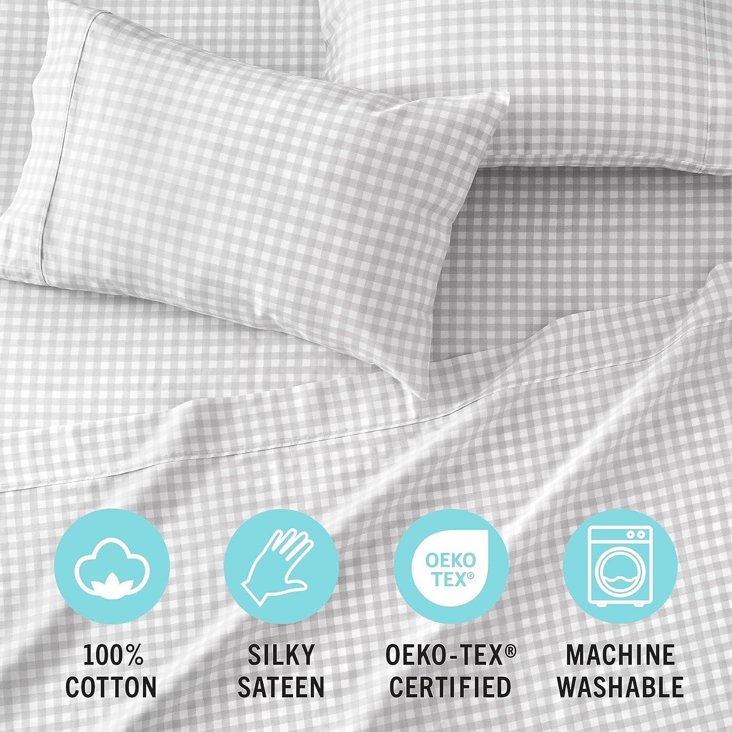 imageMARTHA STEWART 100 Cotton Full Size Sheet Set 4 Piece Soft Smooth Durable Easy Care 16 Deep Pocket Sheets Sateen Sheets 1 Flat 1 Fitted 2 Pillowcases Light BlueGingham Light Gray