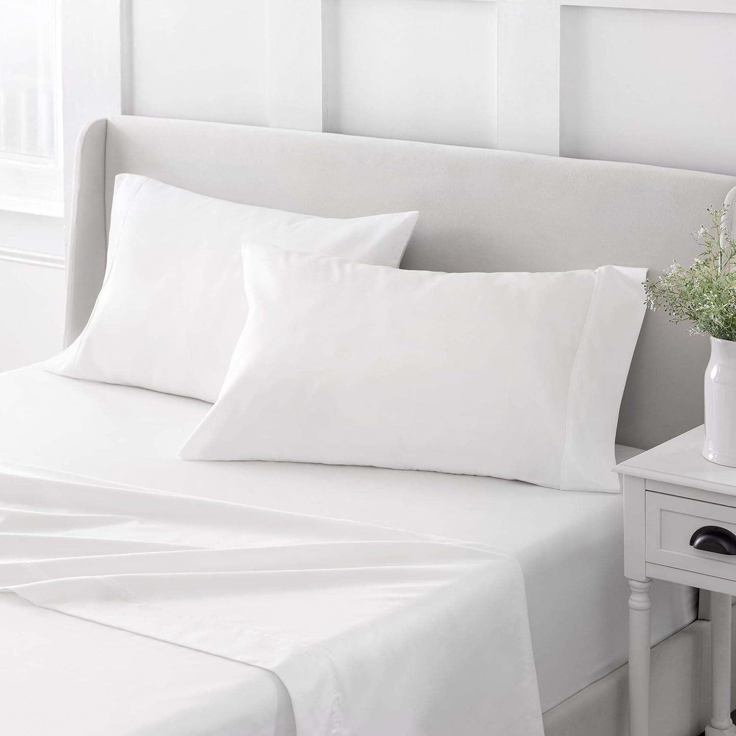 imageMARTHA STEWART 100 Cotton Full Size Sheet Set 4 Piece Soft Smooth Durable Easy Care 16 Deep Pocket Sheets Sateen Sheets 1 Flat 1 Fitted 2 Pillowcases Light BlueWhite