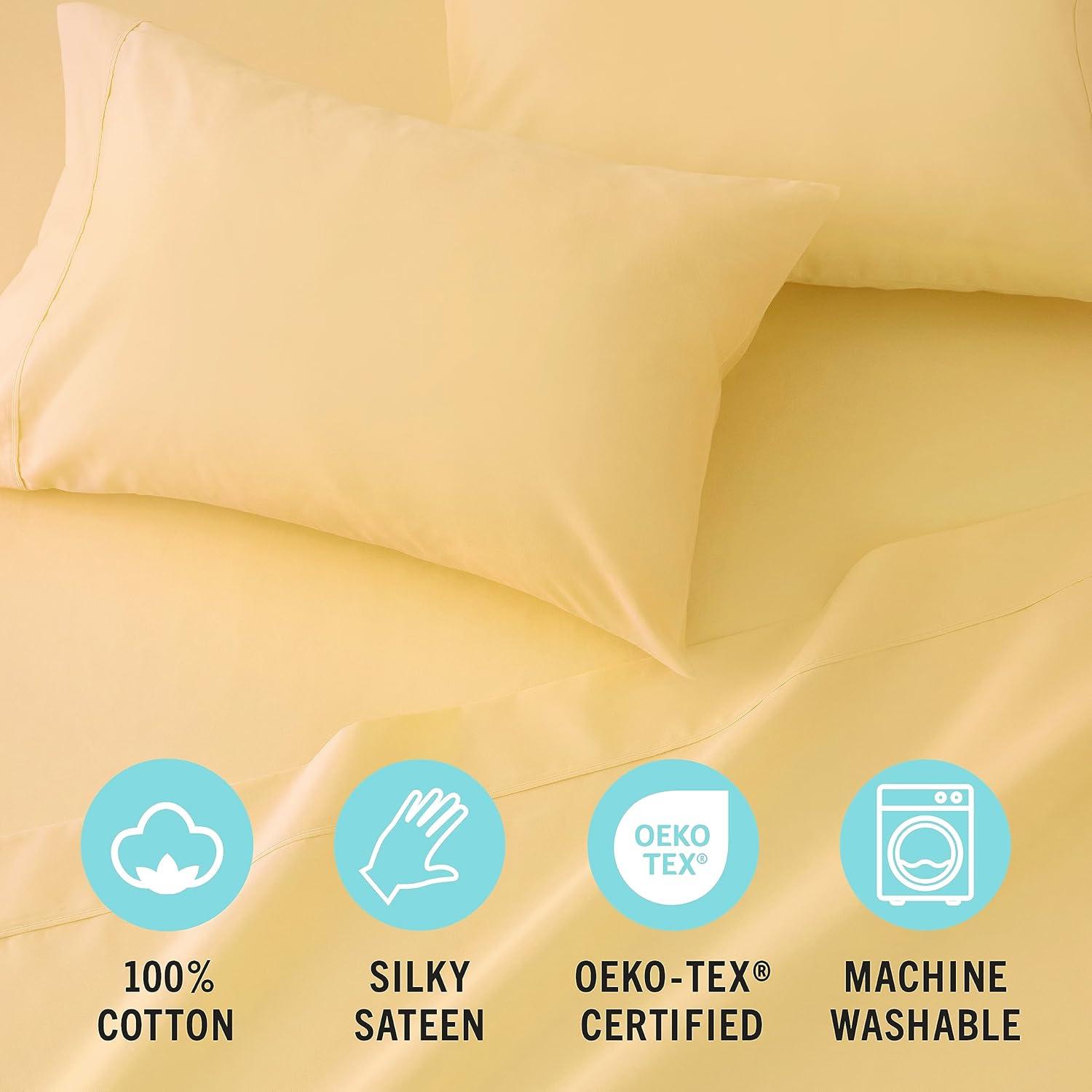 imageMARTHA STEWART 100 Cotton Full Size Sheet Set 4 Piece Soft Smooth Durable Easy Care 16 Deep Pocket Sheets Sateen Sheets 1 Flat 1 Fitted 2 Pillowcases Light BlueYellow