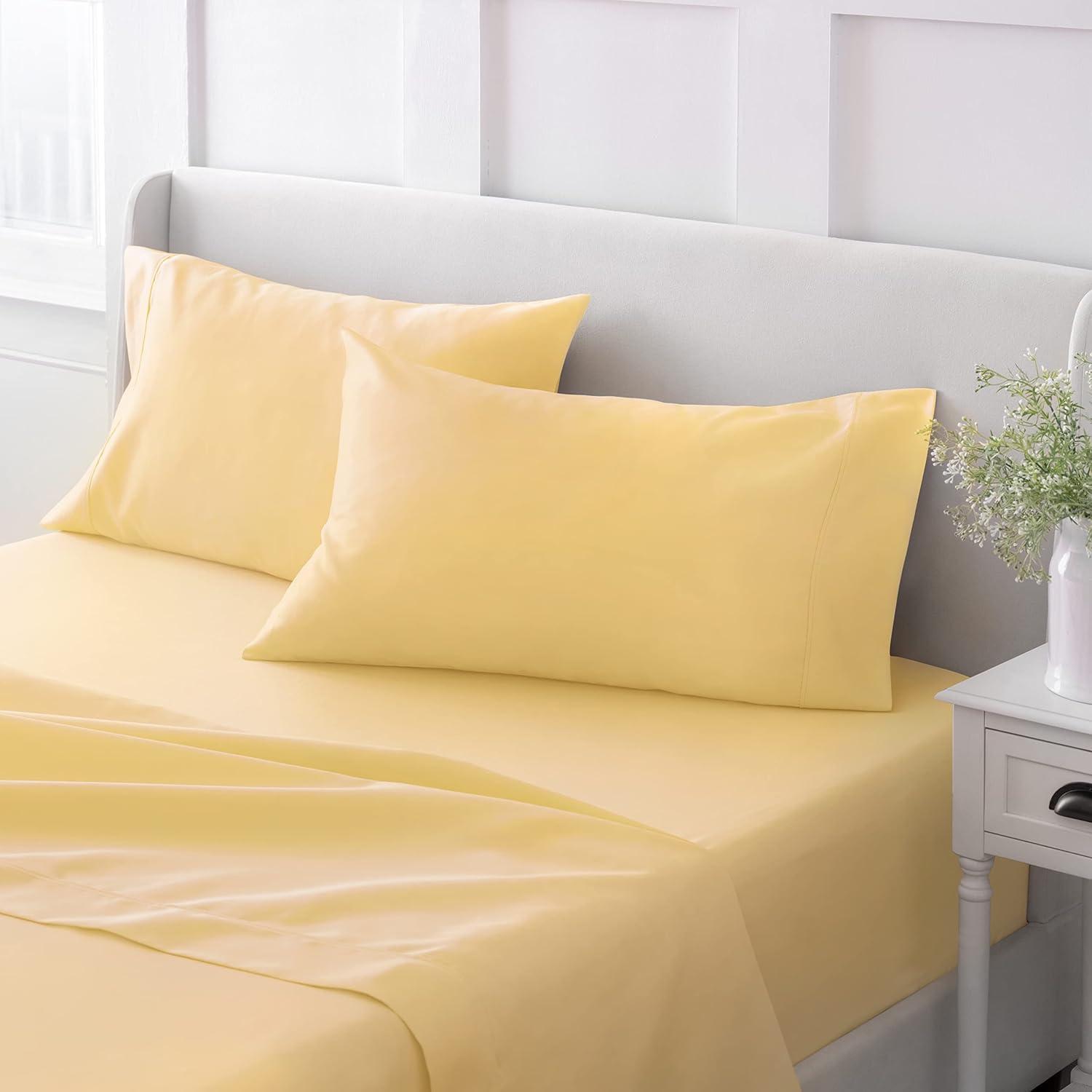 imageMARTHA STEWART 100 Cotton Full Size Sheet Set 4 Piece Soft Smooth Durable Easy Care 16 Deep Pocket Sheets Sateen Sheets 1 Flat 1 Fitted 2 Pillowcases Light BlueYellow