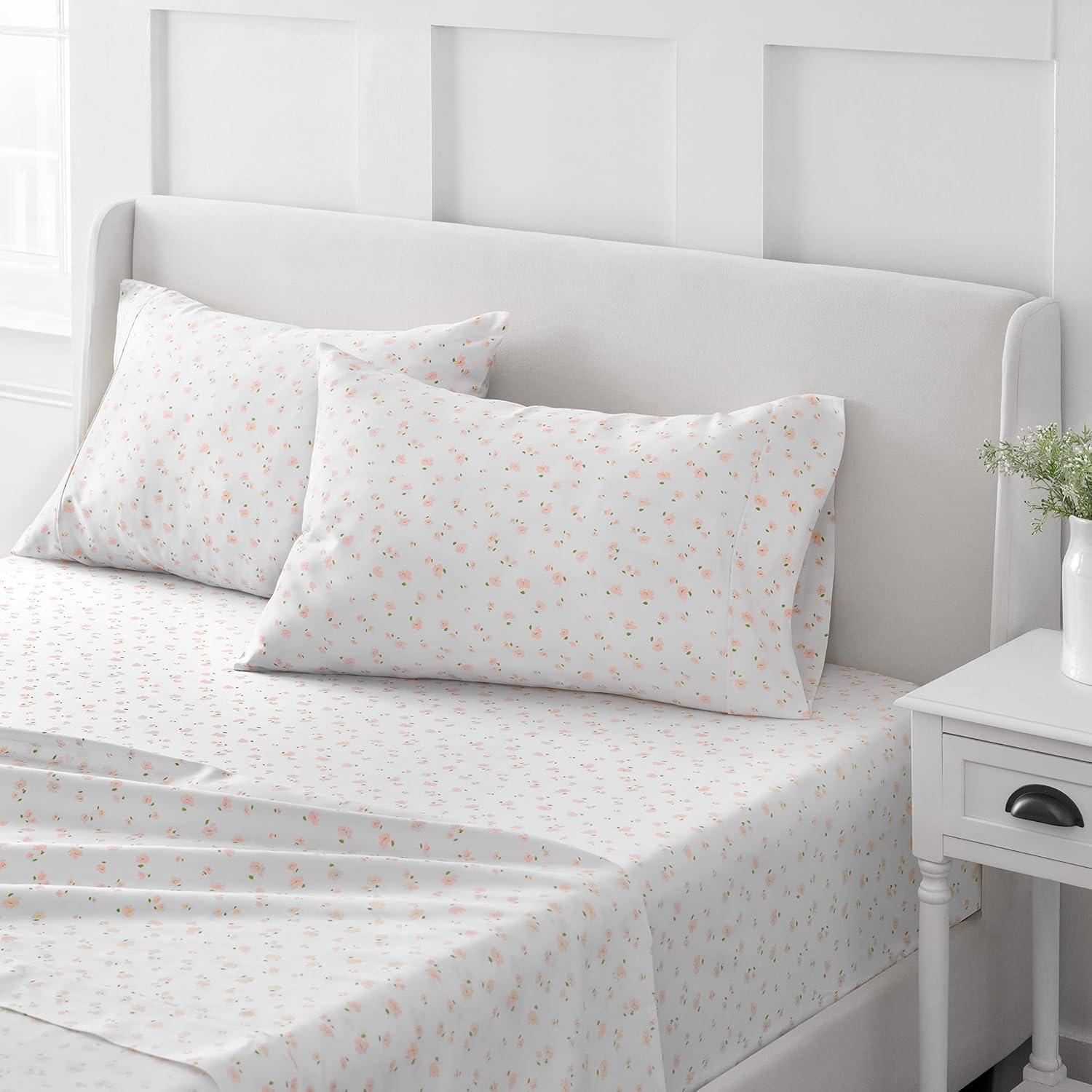 imageMARTHA STEWART 100 Cotton Full Size Sheet Set 4 Piece Soft Smooth Durable Easy Care 16 Deep Pocket Sheets Sateen Sheets 1 Flat 1 Fitted 2 Pillowcases Light BlueShea Floral Blush