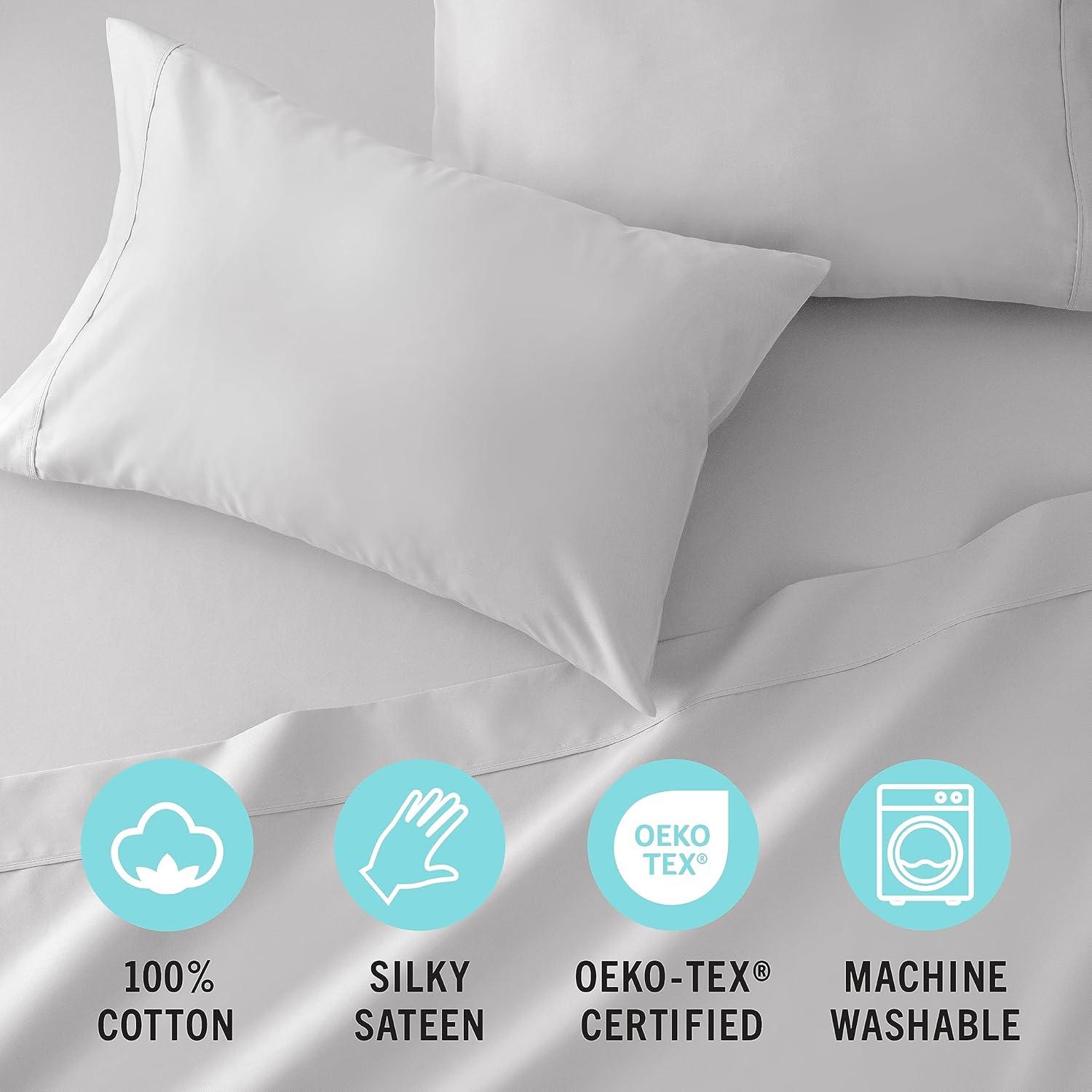 imageMARTHA STEWART 100 Cotton Full Size Sheet Set 4 Piece Soft Smooth Durable Easy Care 16 Deep Pocket Sheets Sateen Sheets 1 Flat 1 Fitted 2 Pillowcases Light BlueLight Gray
