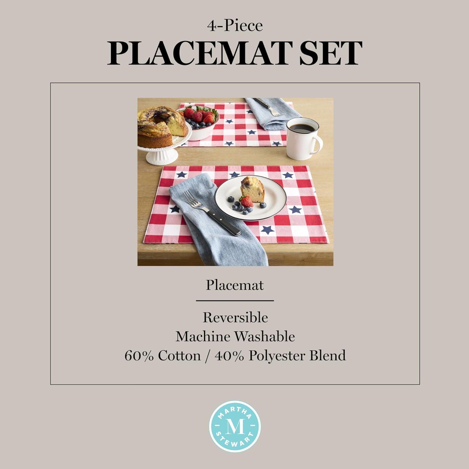 imageMARTHA STEWART Americana Star Gingham Plaid Indoor Placemat 4Pack Set Reversible Patriotic USA America Decor RedWhiteBlue 14x72