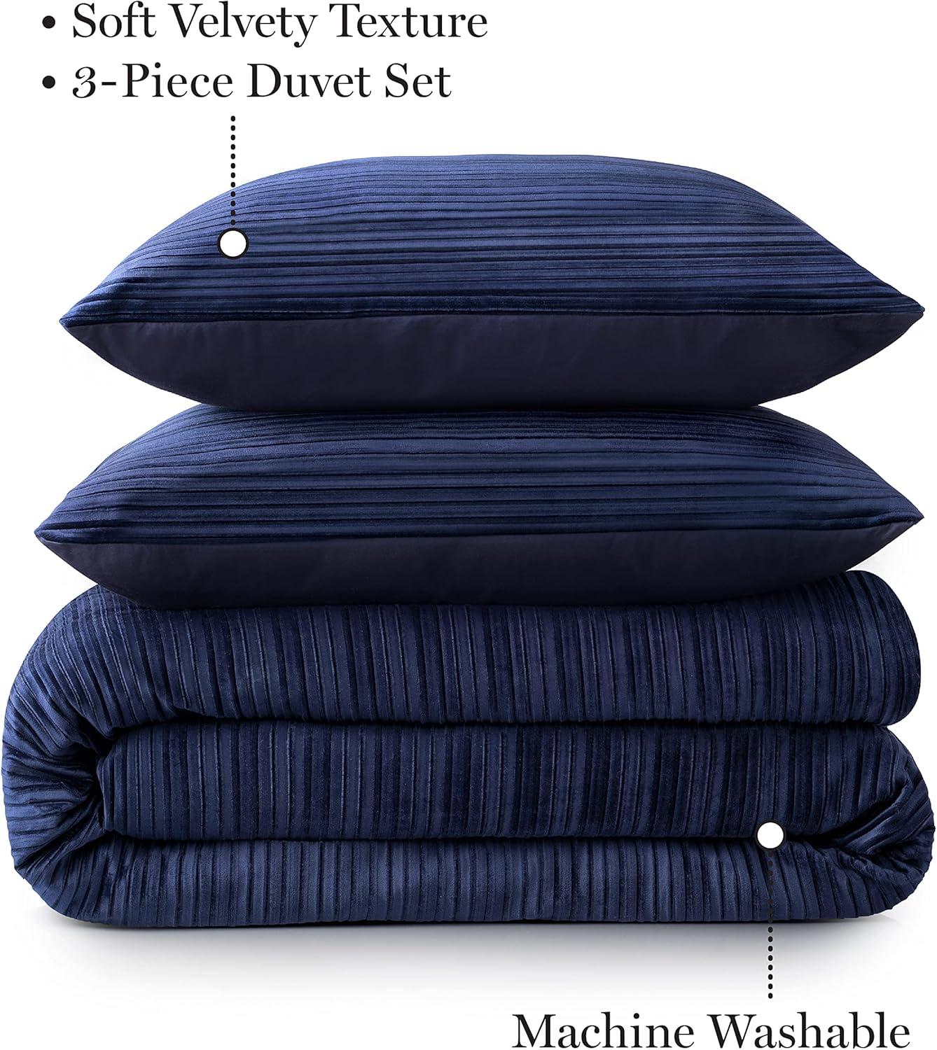 imageMARTHA STEWART Natalie King Size Duvet 3 Piece Set1 Duvet Cover 2 Pillow Shams Crinkle Velvet Texture Soft amp Royal Machine Wash 104x92 with Button Closure ChampagneNavy