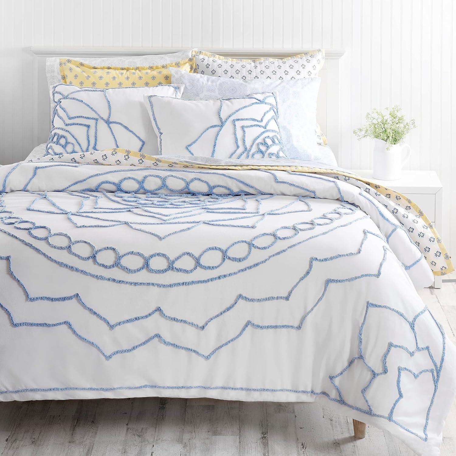 imageMARTHA STEWART Natalie King Size Duvet 3 Piece Set1 Duvet Cover 2 Pillow Shams Crinkle Velvet Texture Soft amp Royal Machine Wash 104x92 with Button Closure ChampagneSoft Blue