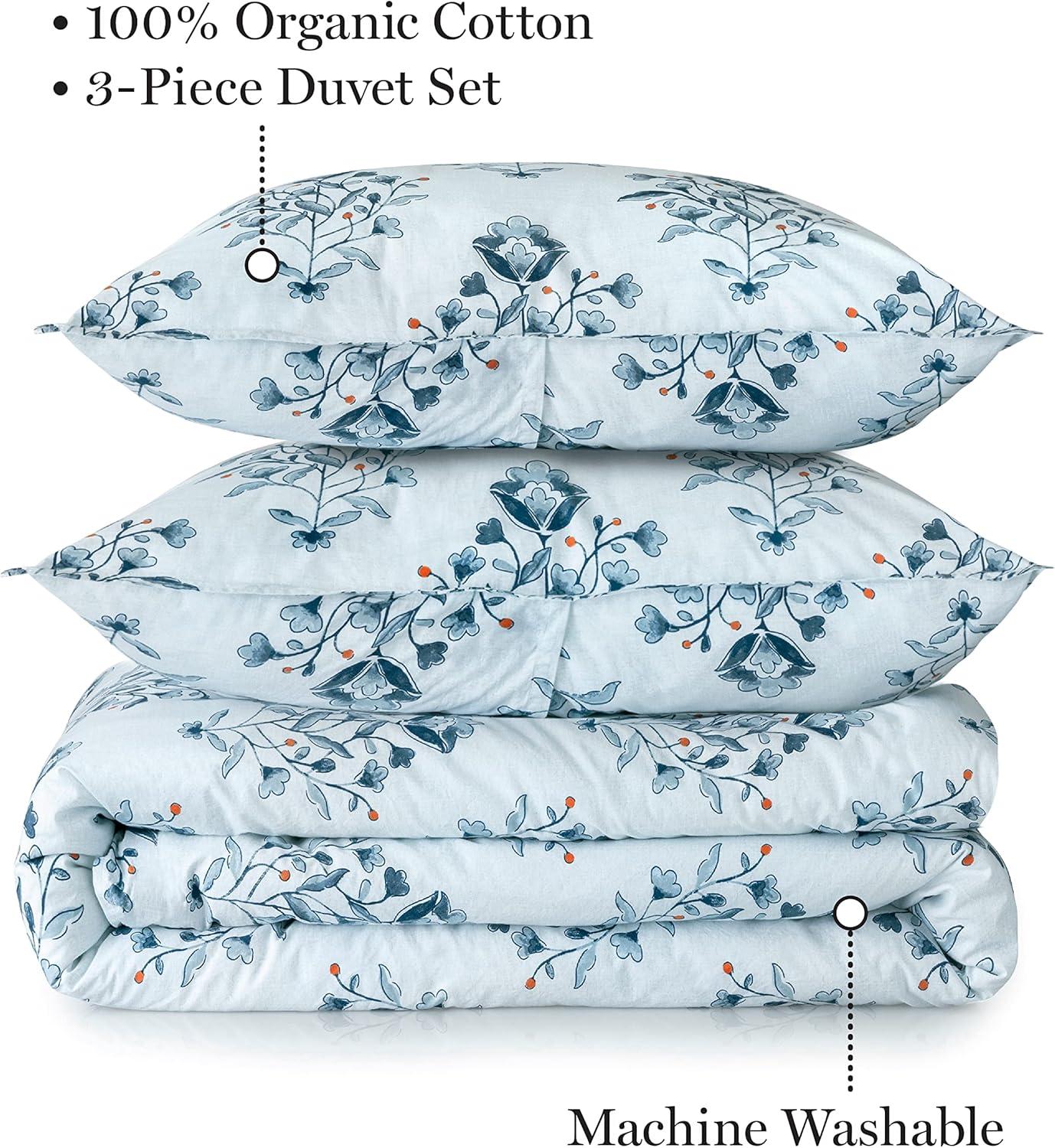 imageMARTHA STEWART Natalie King Size Duvet 3 Piece Set1 Duvet Cover 2 Pillow Shams Crinkle Velvet Texture Soft amp Royal Machine Wash 104x92 with Button Closure ChampagneFloral Blue