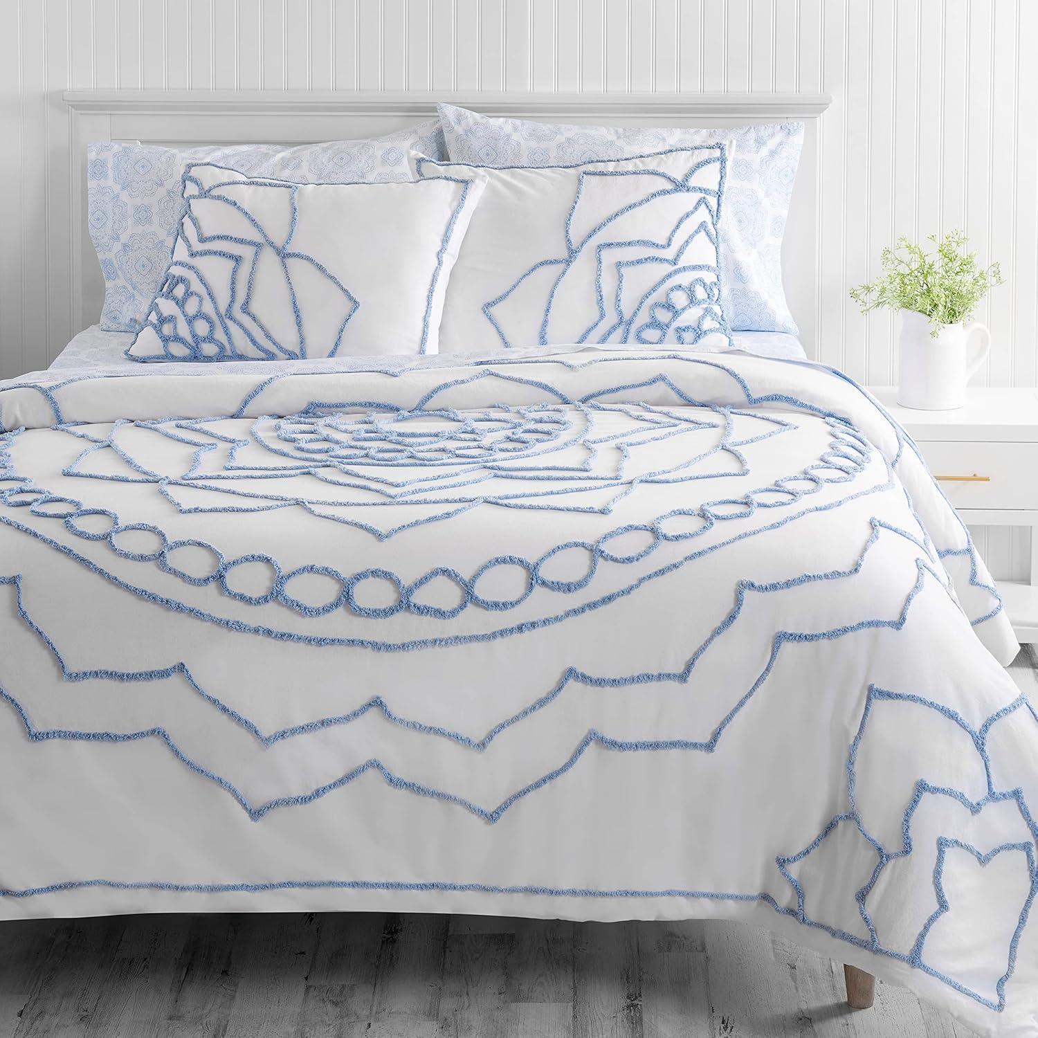 imageMARTHA STEWART Natalie King Size Duvet 3 Piece Set1 Duvet Cover 2 Pillow Shams Crinkle Velvet Texture Soft amp Royal Machine Wash 104x92 with Button Closure ChampagneSoft Blue