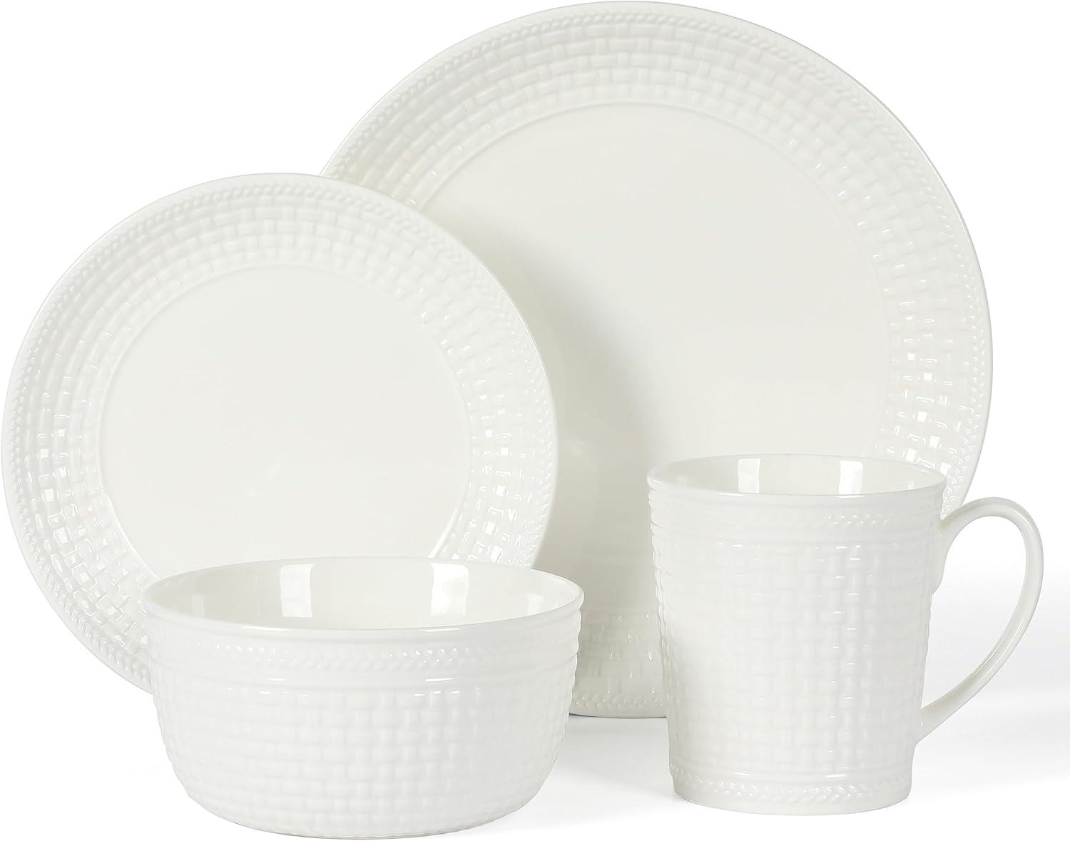 imageMartha Stewart 16 Piece Basket Weave New Bone China Embossed Porcelain Chip and Scratch Resistant Dinnerware SetWhite Basket Weave
