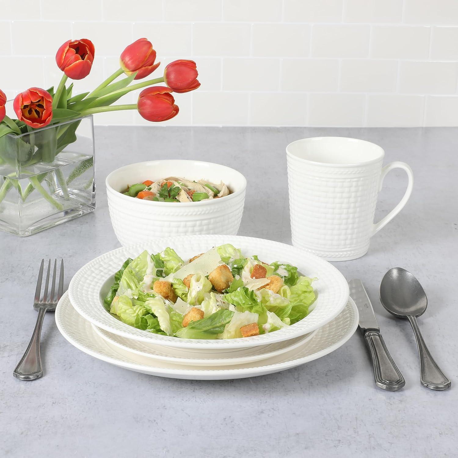 imageMartha Stewart 16 Piece Basket Weave New Bone China Embossed Porcelain Chip and Scratch Resistant Dinnerware SetWhite Embossed