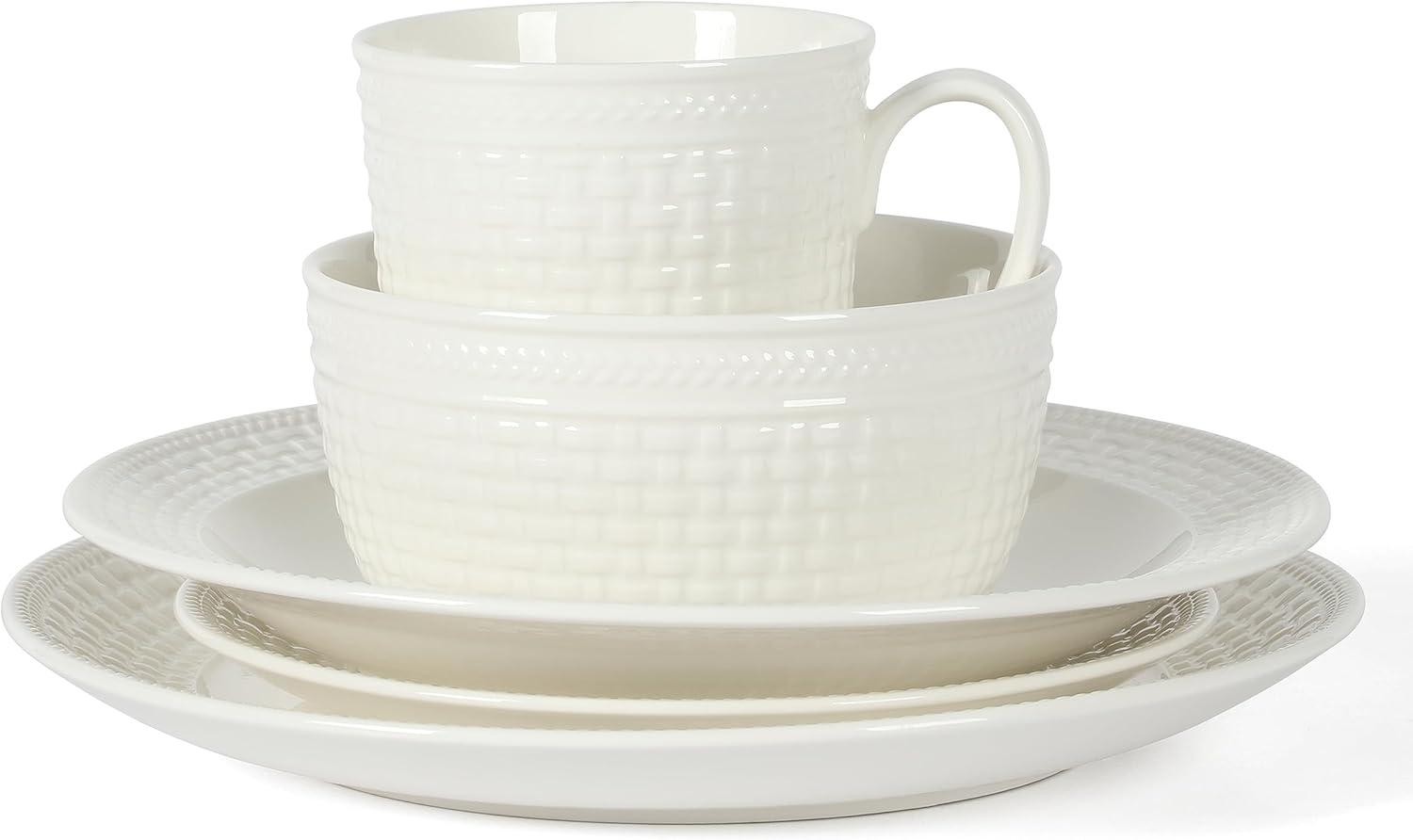 imageMartha Stewart 16 Piece Basket Weave New Bone China Embossed Porcelain Chip and Scratch Resistant Dinnerware SetWhite Embossed