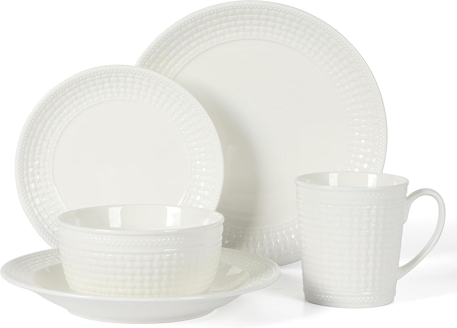 imageMartha Stewart 16 Piece Basket Weave New Bone China Embossed Porcelain Chip and Scratch Resistant Dinnerware SetWhite Embossed