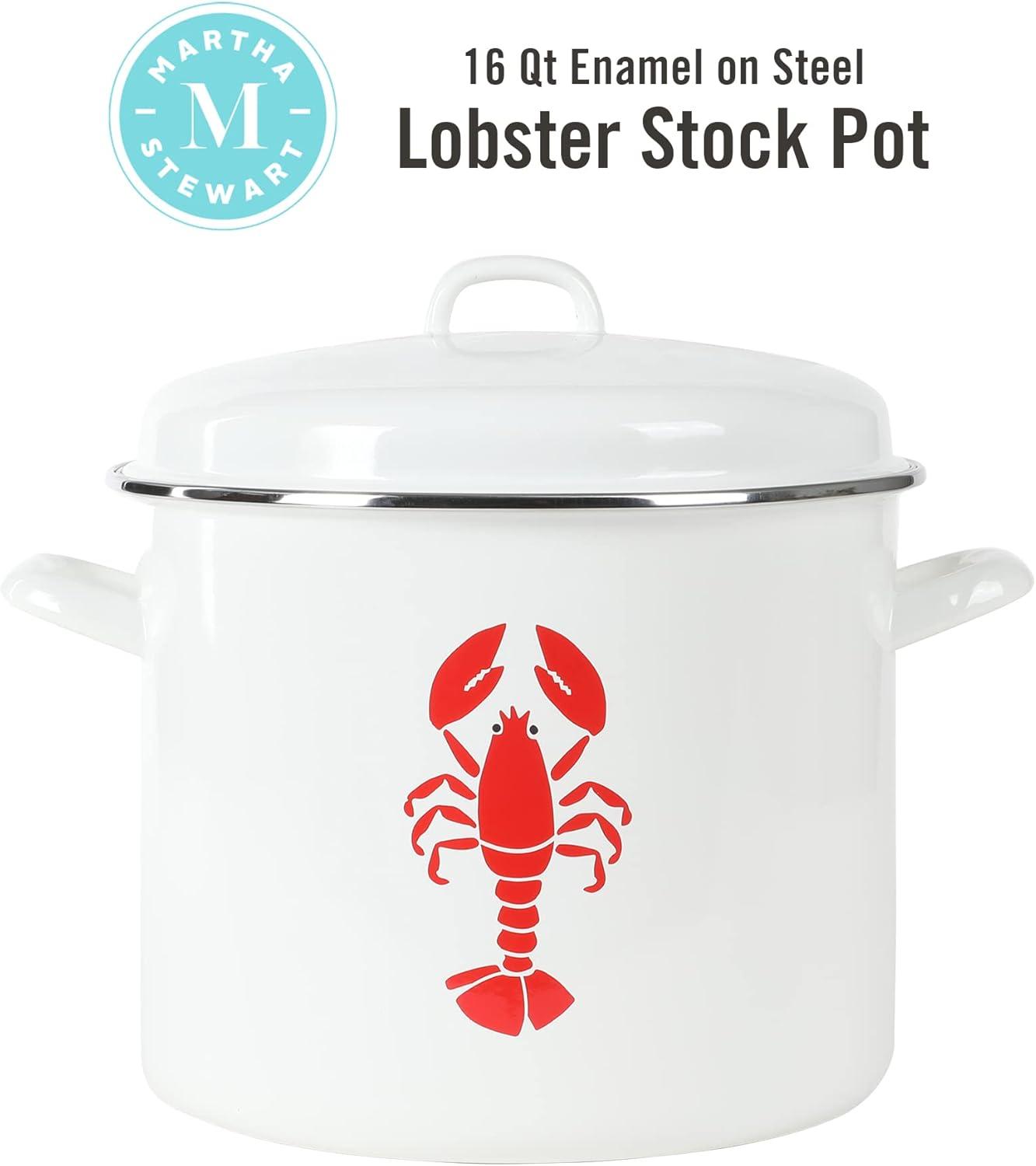 imageMartha Stewart 16Quart Enamel on Steel ScratchResistant Lobster Stock Pot Linen Durable Large Capacity Pot for Boiling Steaming amp Seafood CookingLinen