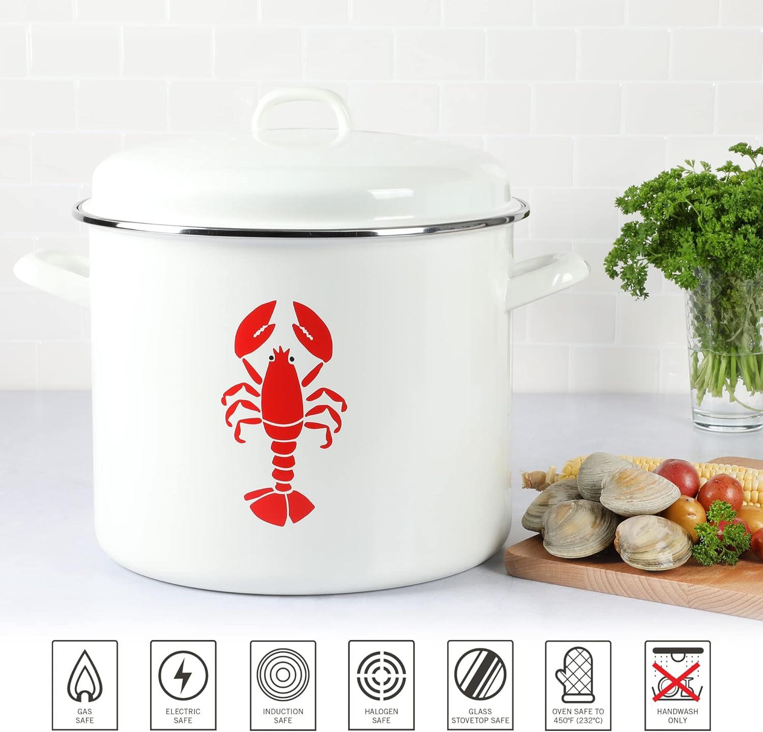 imageMartha Stewart 16Quart Enamel on Steel ScratchResistant Lobster Stock Pot Linen Durable Large Capacity Pot for Boiling Steaming amp Seafood CookingLinen
