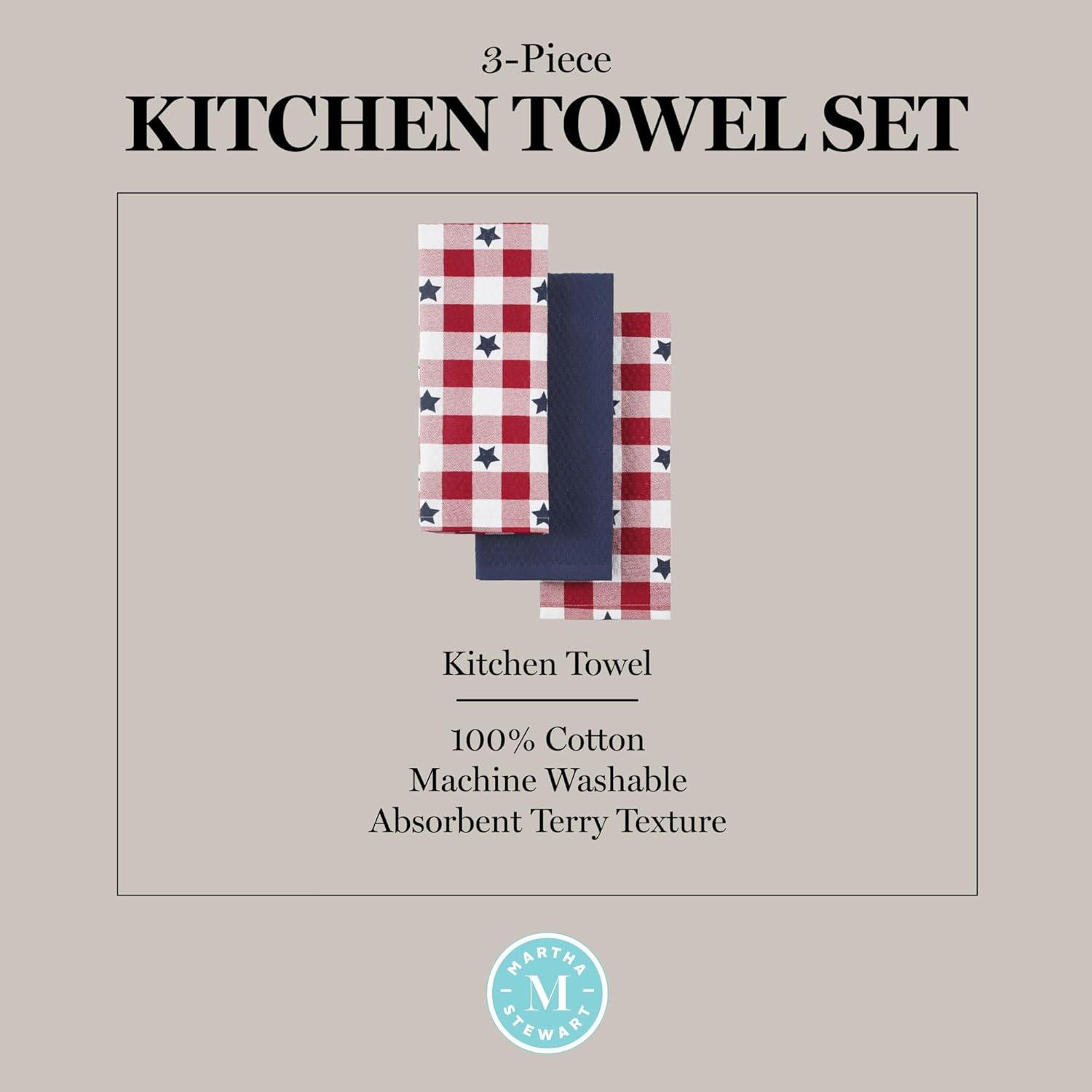 imageMartha Stewart Americana Star Gihgham Holiday Kitchen Towels 3Pack Set 100 Cotton Absorbent Patriotic USA America Decor RedWhiteBlue 16x28