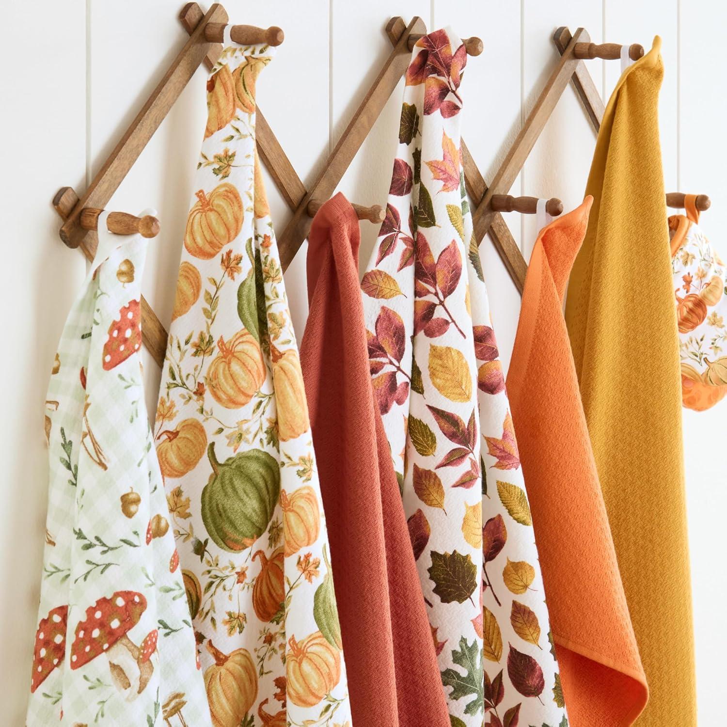 imageMartha Stewart Autumn Harvest Falling Leaves Kitchen Towel 3Pack Set 100 Cotton with Absorbent Terrycloth Decorative Kitchen Towels TanRedGreen 16x28OrangeGreenIvory