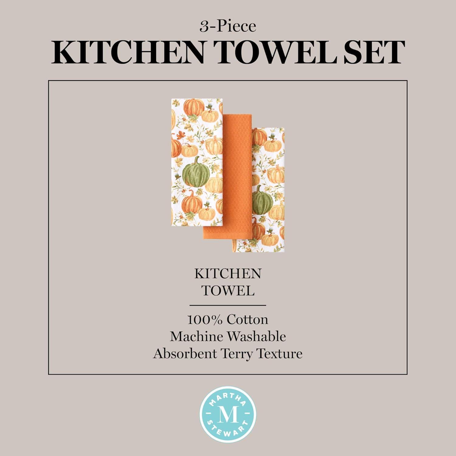 imageMartha Stewart Autumn Harvest Falling Leaves Kitchen Towel 3Pack Set 100 Cotton with Absorbent Terrycloth Decorative Kitchen Towels TanRedGreen 16x28OrangeGreenIvory