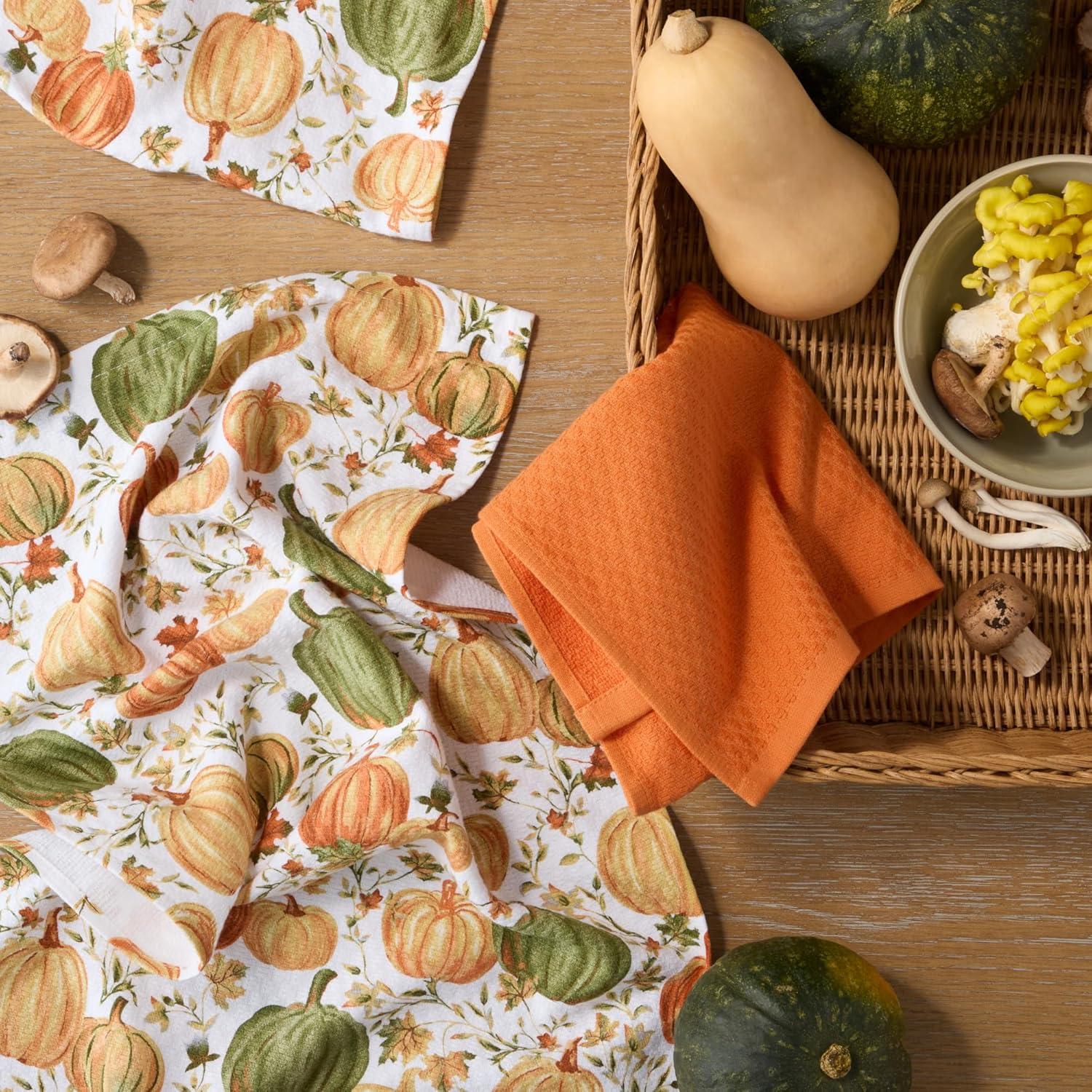 imageMartha Stewart Autumn Harvest Falling Leaves Kitchen Towel 3Pack Set 100 Cotton with Absorbent Terrycloth Decorative Kitchen Towels TanRedGreen 16x28OrangeGreenIvory