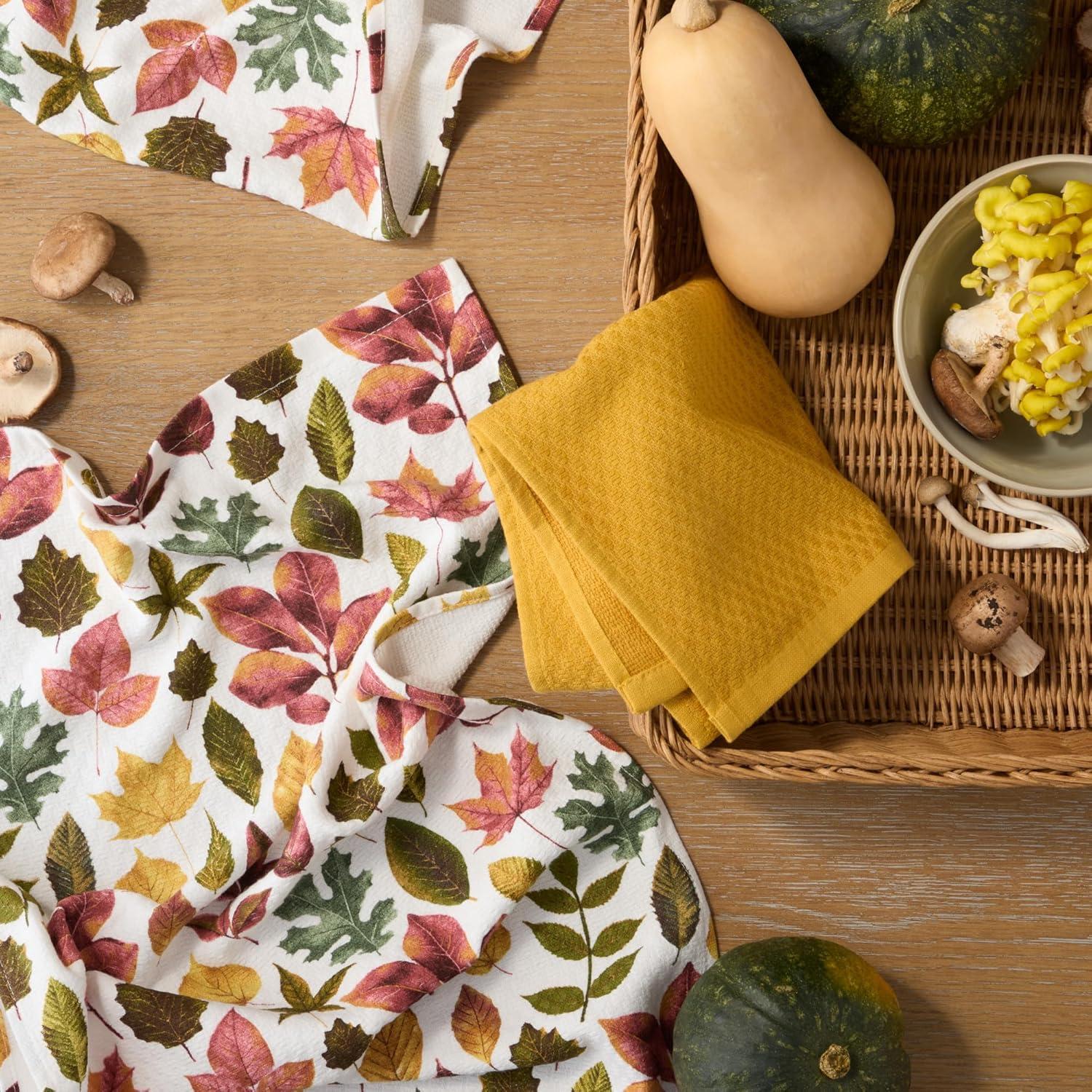 imageMartha Stewart Autumn Harvest Falling Leaves Kitchen Towel 3Pack Set 100 Cotton with Absorbent Terrycloth Decorative Kitchen Towels TanRedGreen 16x28TanRedGreen