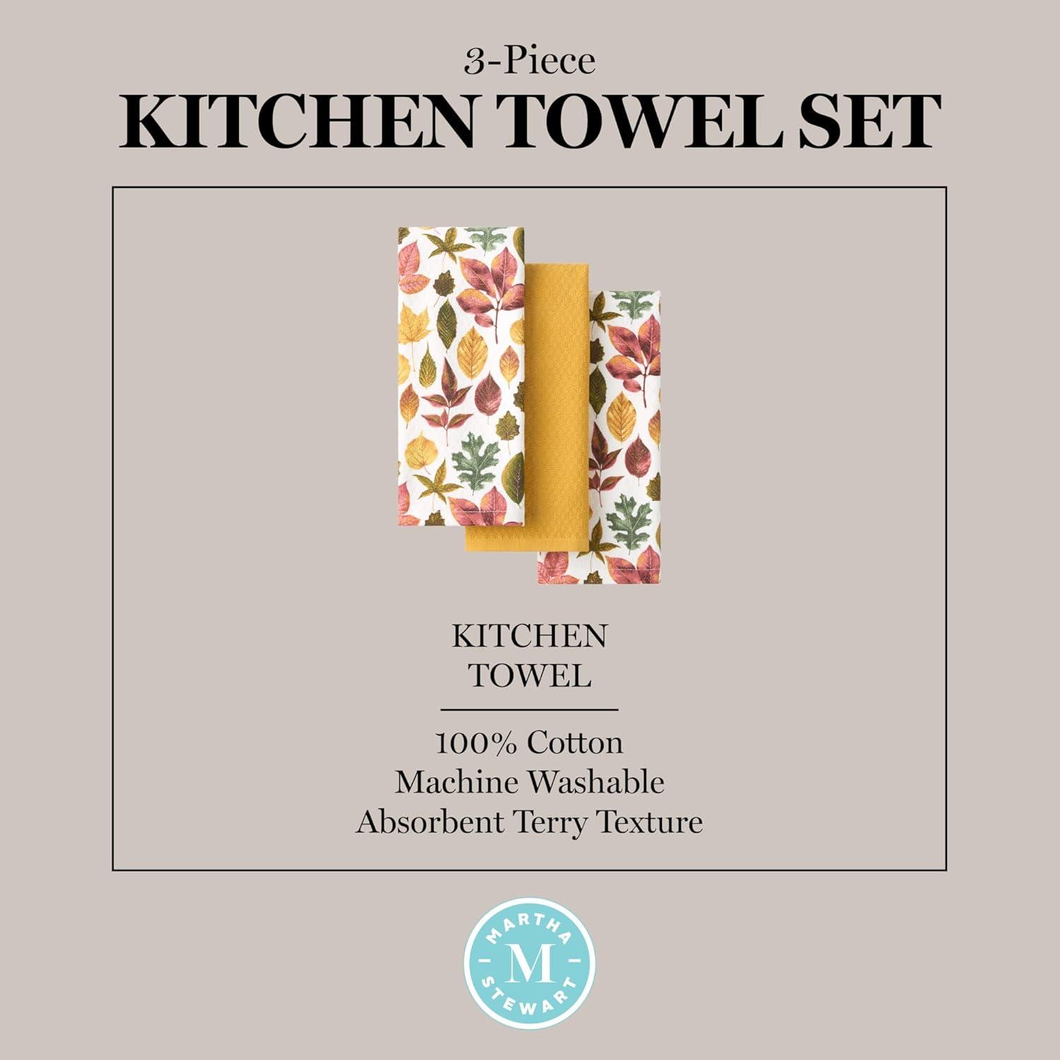 imageMartha Stewart Autumn Harvest Falling Leaves Kitchen Towel 3Pack Set 100 Cotton with Absorbent Terrycloth Decorative Kitchen Towels TanRedGreen 16x28TanRedGreen