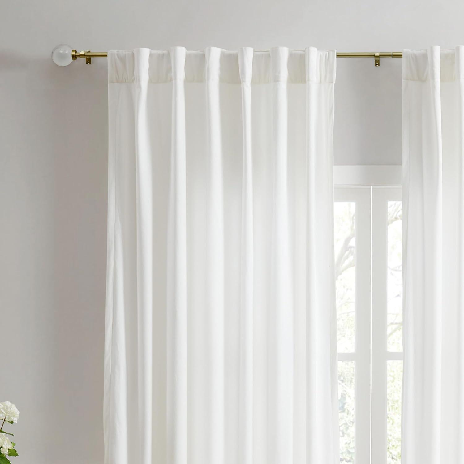 imageMartha Stewart Beaufort Curtain Rod for Windows 66 to 120 inches Adjustable Length 75 inch Diameter Metal Curtain Rod with Round Finials 66 120 Brushed BrassGold