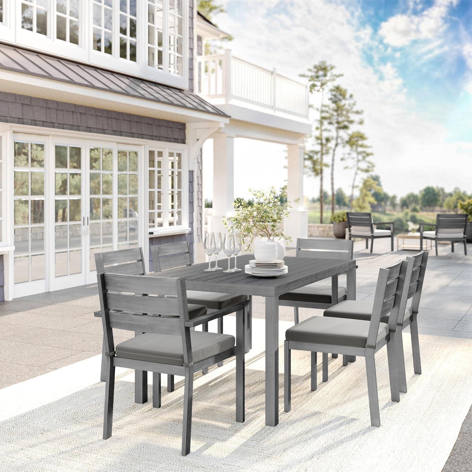 imageMartha Stewart Bedford 7 Piece Aluminum Patio Set with 62 Table and 6 Stackable Chairs with Gray Brushed Woodgrain Finish Gray AllWeather Seat CushionsGrey