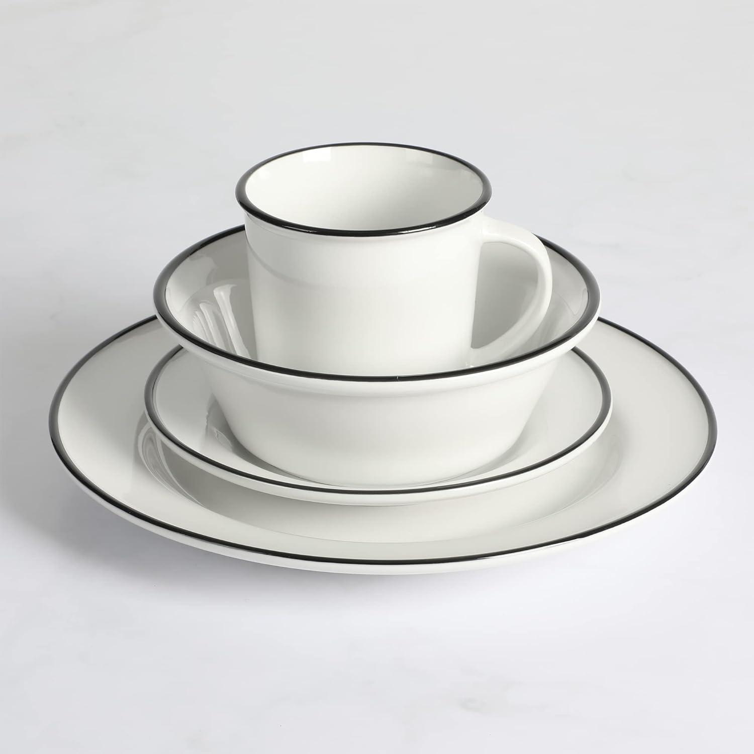 imageMartha Stewart Cliffield 16Piece Chip and Scratch Resistant Porcelain Dinnerware Set White wBlue RimWhite w Black Rim