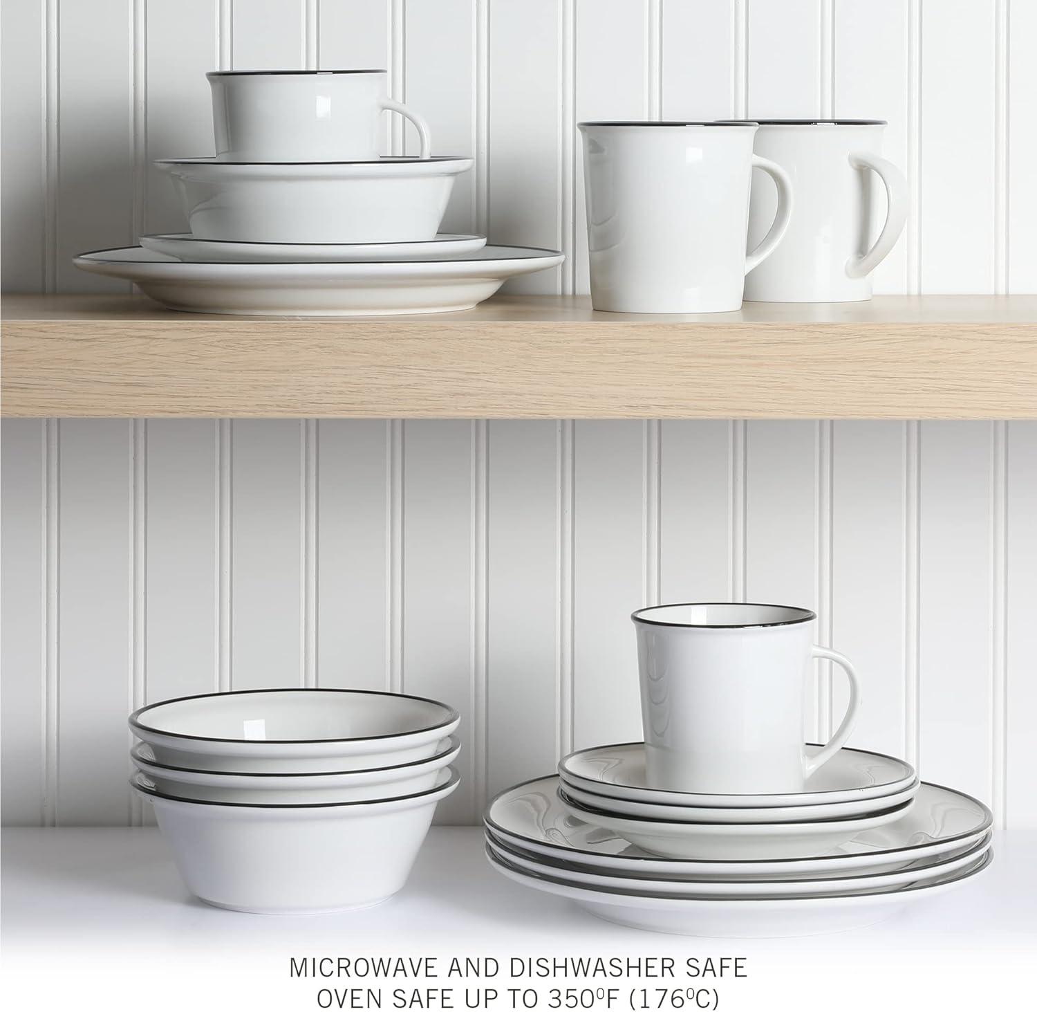 imageMartha Stewart Cliffield 16Piece Chip and Scratch Resistant Porcelain Dinnerware Set White wBlue RimWhite w Black Rim