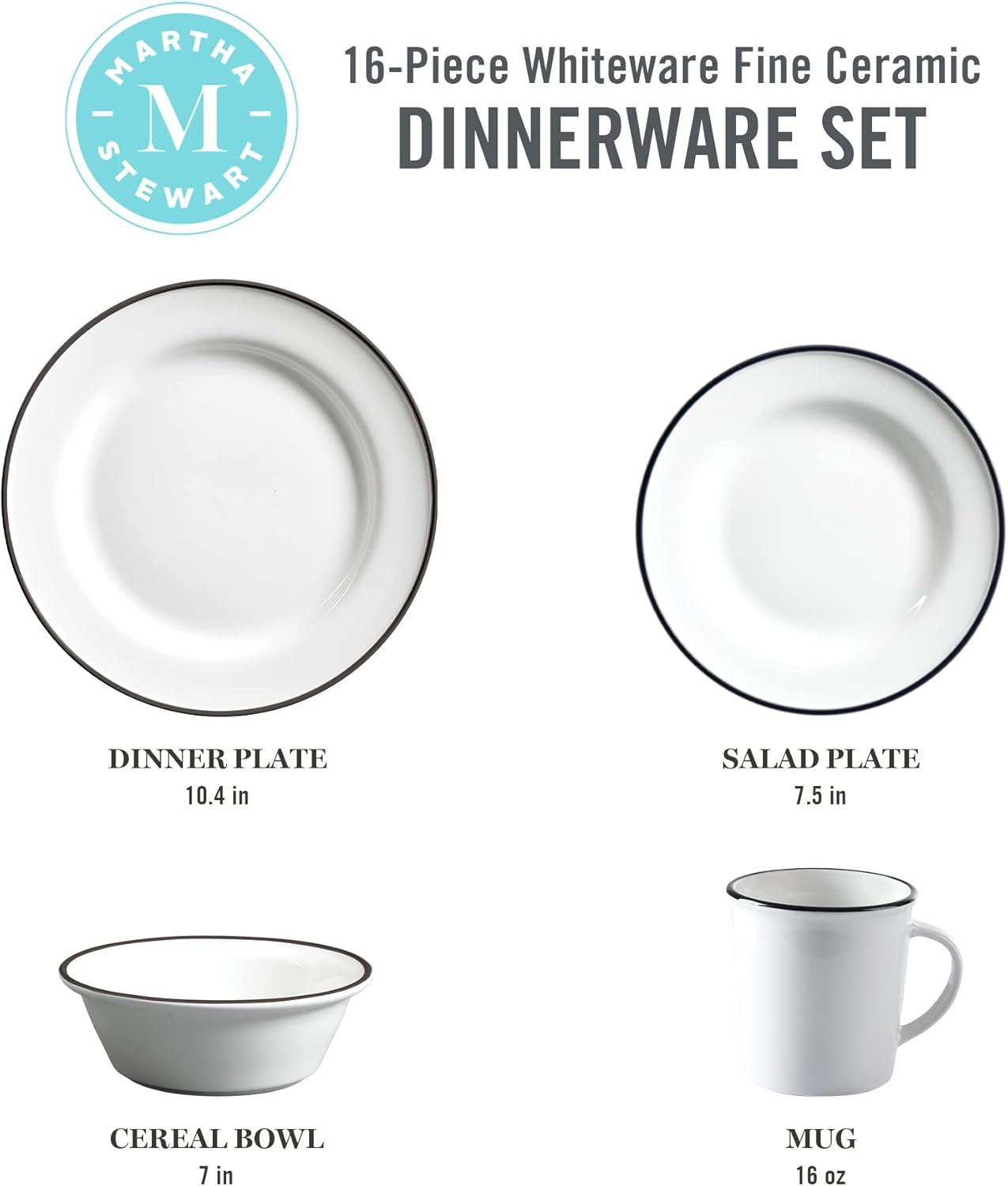 imageMartha Stewart Cliffield 16Piece Chip and Scratch Resistant Porcelain Dinnerware Set White wBlue RimWhite w Black Rim