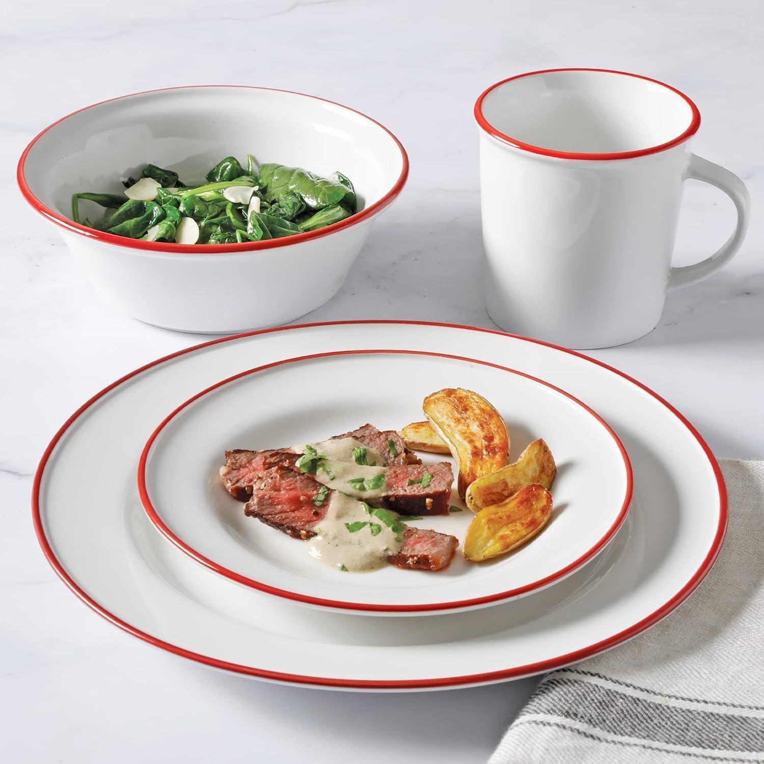 imageMartha Stewart Cliffield 16Piece Chip and Scratch Resistant Porcelain Dinnerware Set White wBlue RimWhite w Red Rim