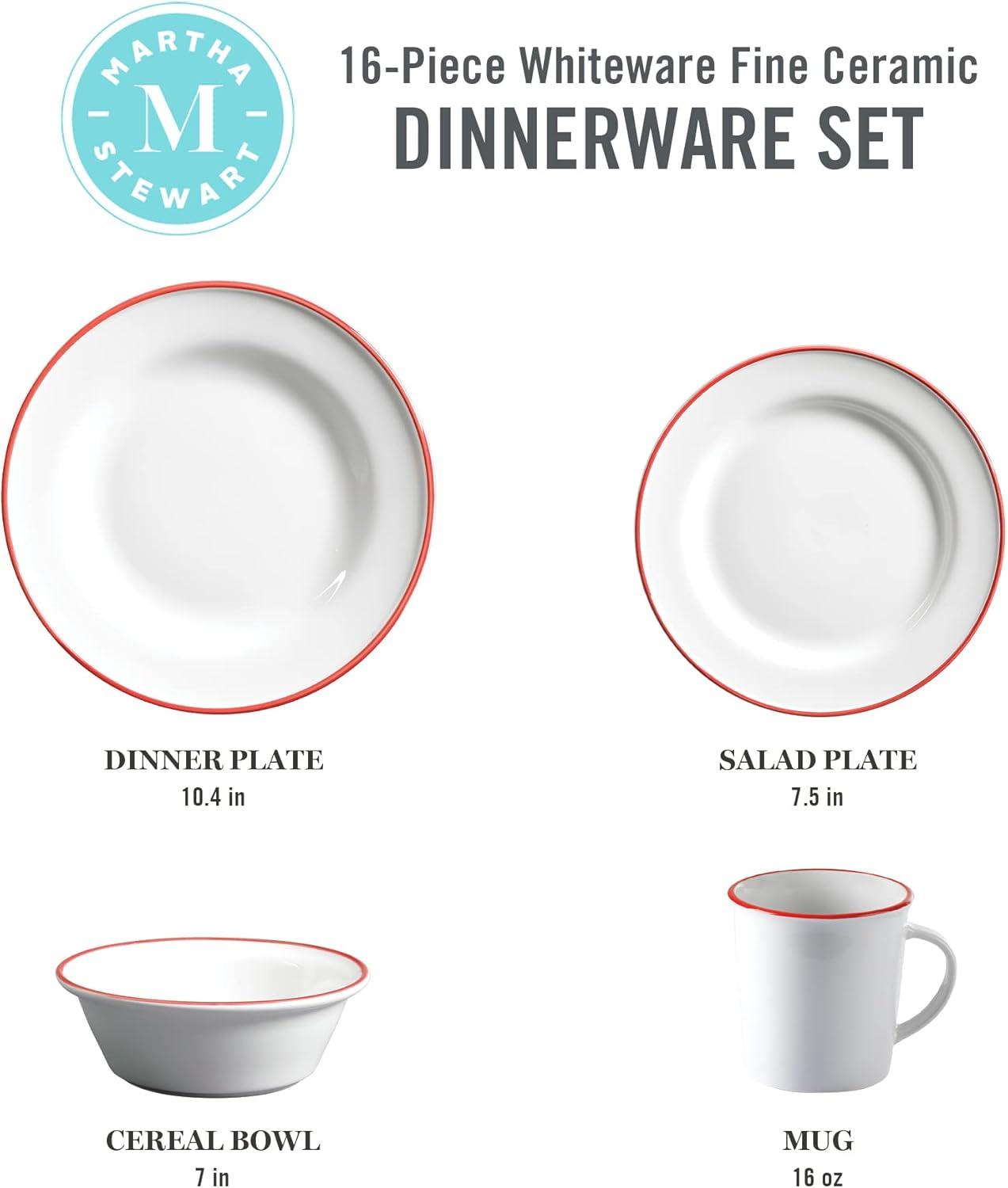 imageMartha Stewart Cliffield 16Piece Chip and Scratch Resistant Porcelain Dinnerware Set White wBlue RimWhite w Red Rim