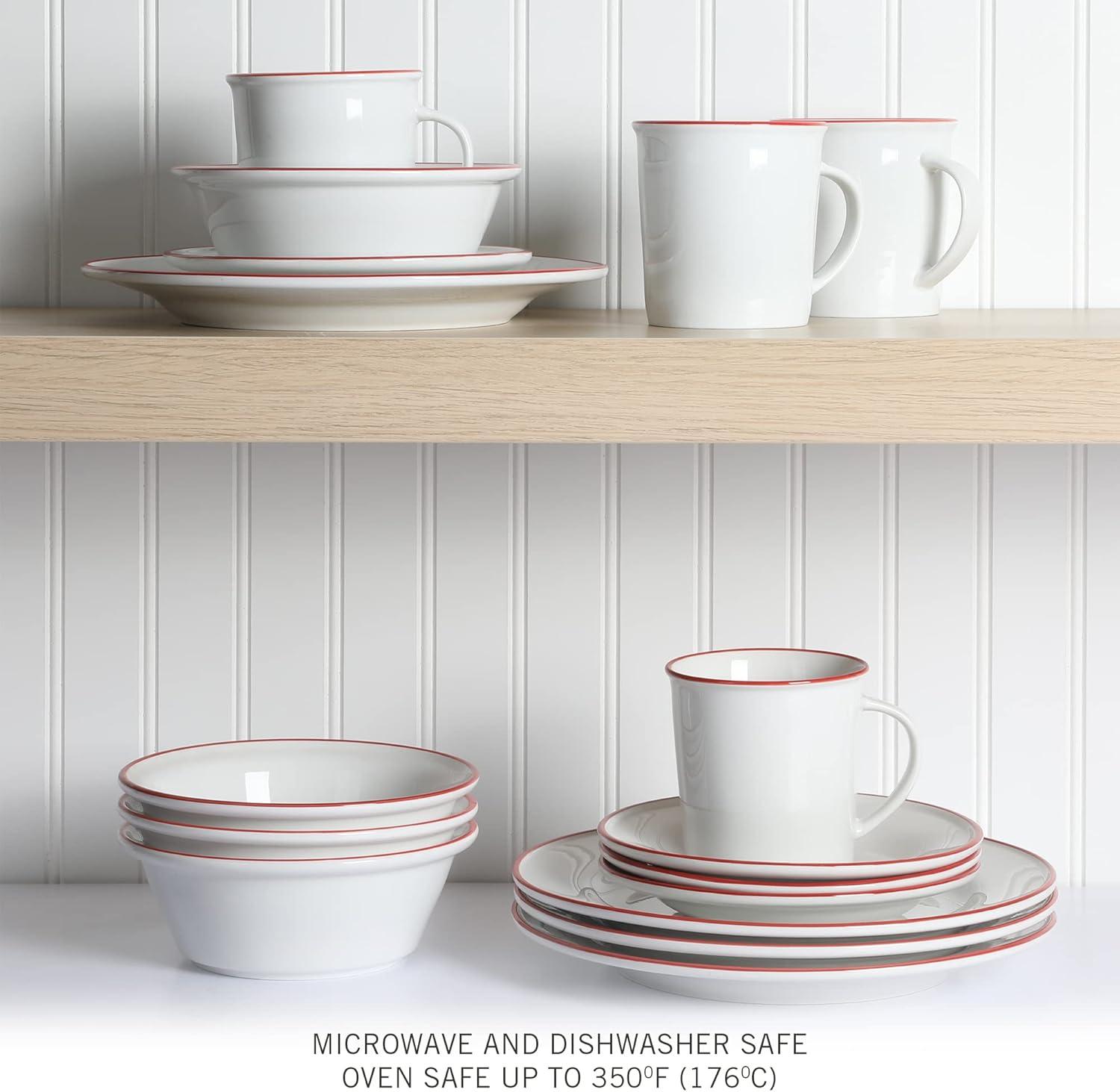 imageMartha Stewart Cliffield 16Piece Chip and Scratch Resistant Porcelain Dinnerware Set White wBlue RimWhite w Red Rim