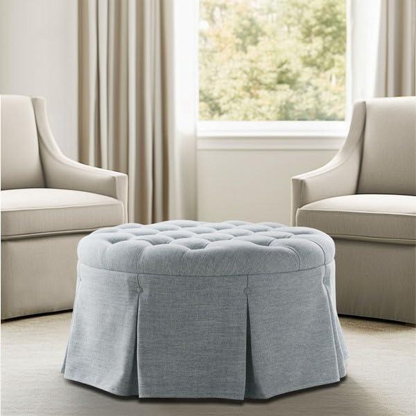 imageMartha Stewart Cocktail Ottoman for Living Room Fully Upholstered Button Tufted Round Ottoman Footrest Pleated Skirt Extra Seating Bedroom Ottoman Furniture Decor Terry 32 W Light BlueLight Blue