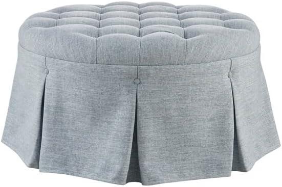 imageMartha Stewart Cocktail Ottoman for Living Room Fully Upholstered Button Tufted Round Ottoman Footrest Pleated Skirt Extra Seating Bedroom Ottoman Furniture Decor Terry 32 W Light BlueLight Blue