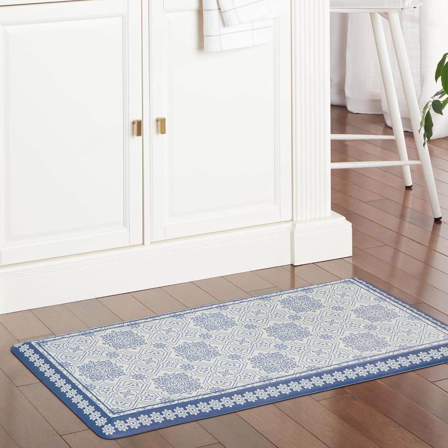imageMartha Stewart Comfort Anti Fatigue Strie Medallion Tile Kitchen Mat Comfort Standing Mat NonSlip Backing Safe Beveled Edge Charcoal Black 196 x39Navy Blue