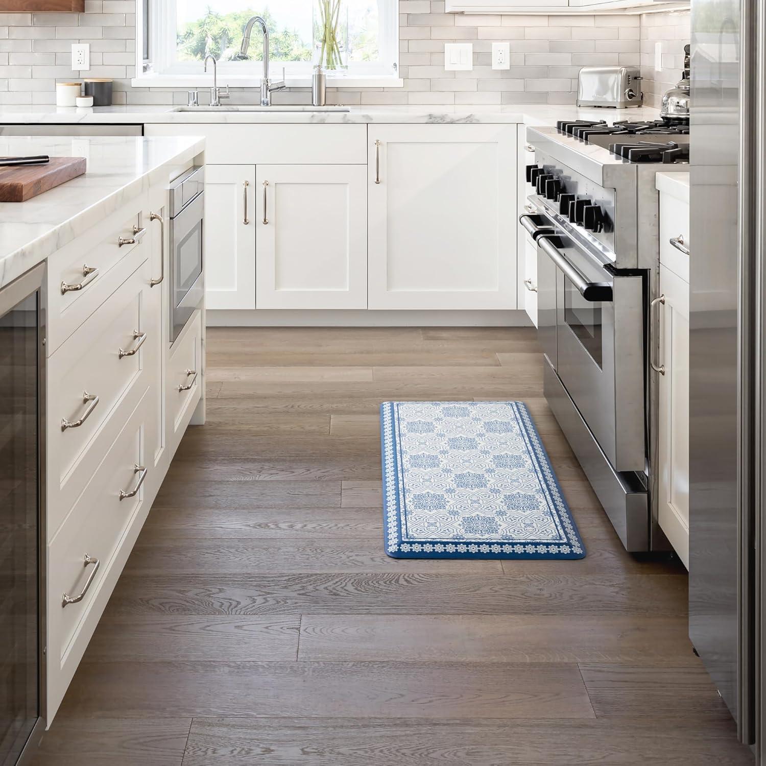 imageMartha Stewart Comfort Anti Fatigue Strie Medallion Tile Kitchen Mat Comfort Standing Mat NonSlip Backing Safe Beveled Edge Charcoal Black 196 x39Navy Blue