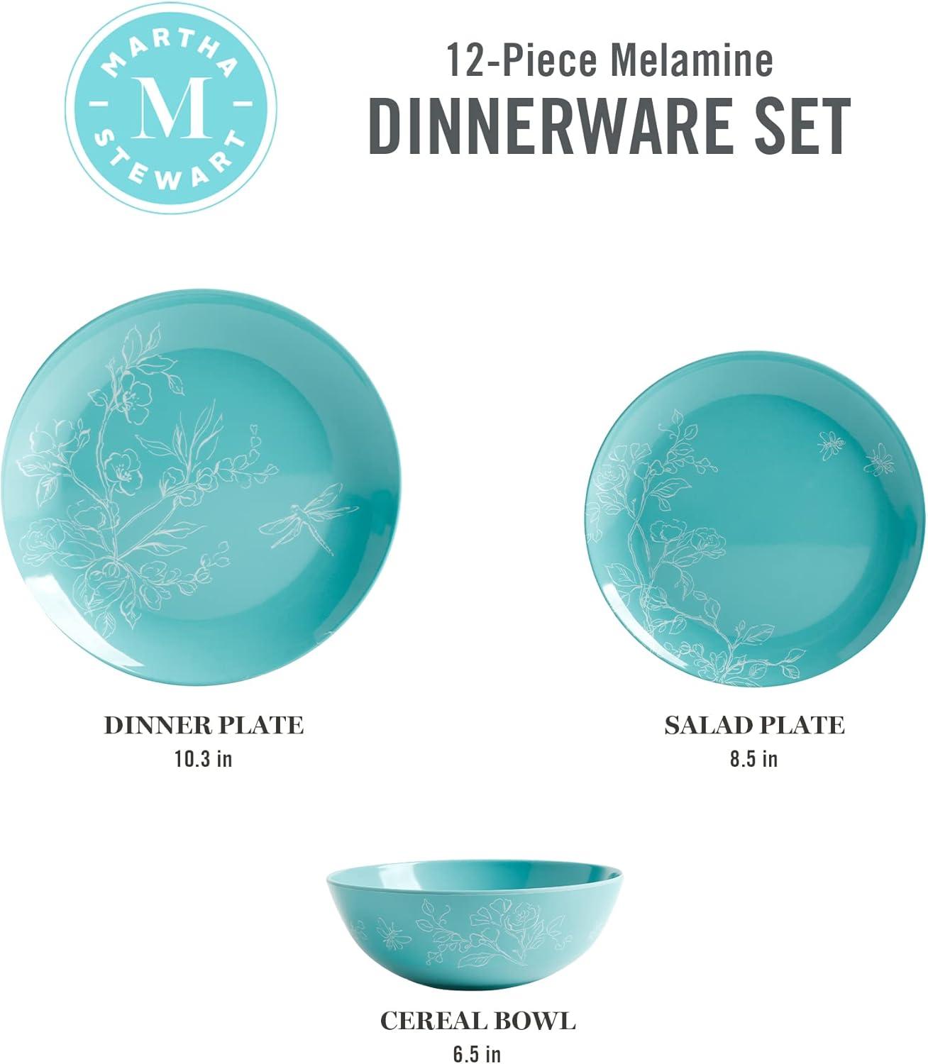 imageMartha Stewart Dragonfly 12 Piece Decorated Melamine Dinnerware Set WhiteTeal