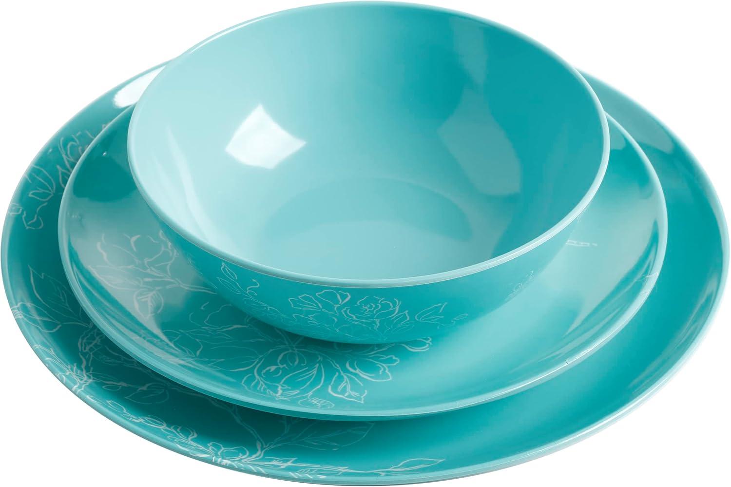 imageMartha Stewart Dragonfly 12 Piece Decorated Melamine Dinnerware Set WhiteTeal