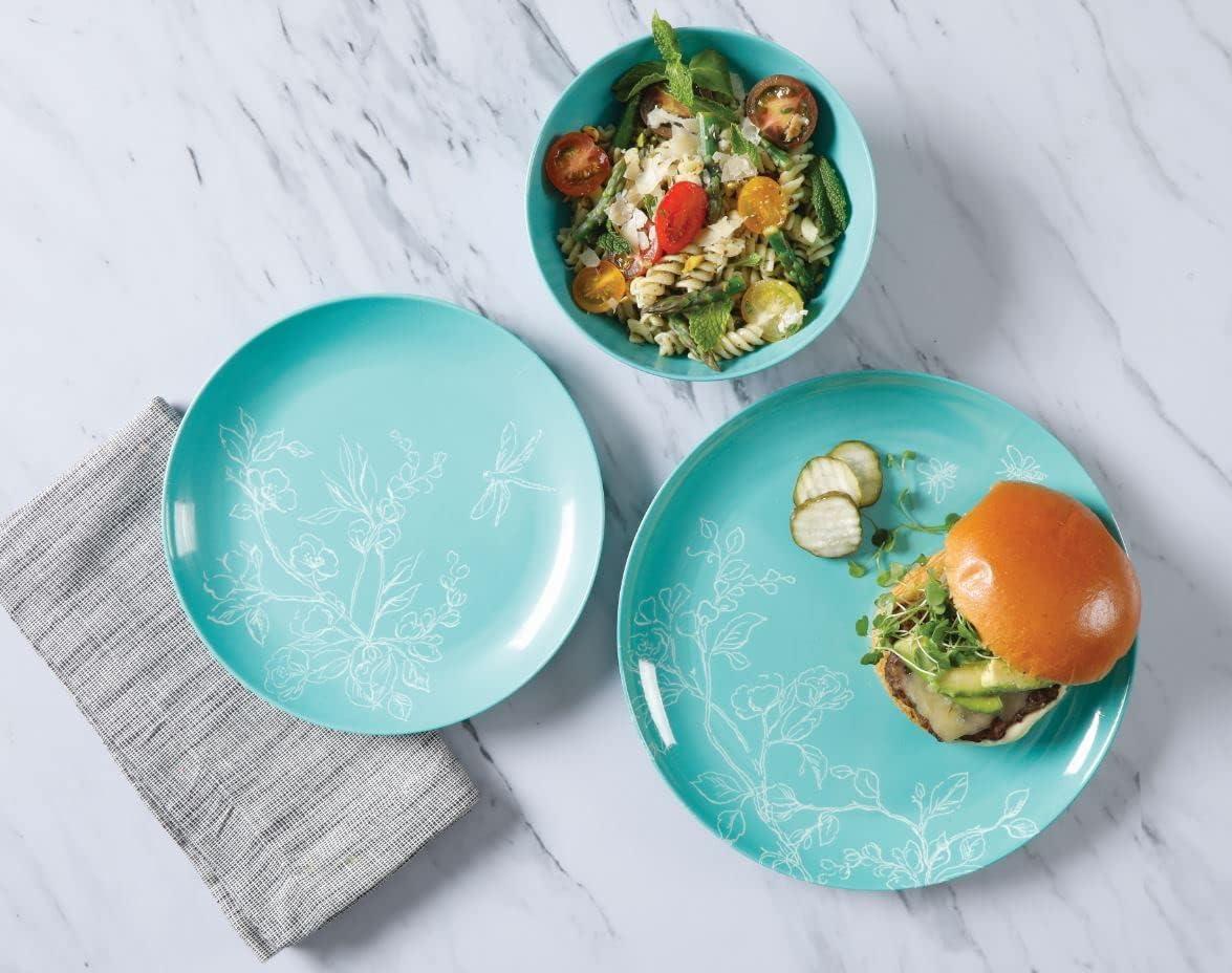 imageMartha Stewart Dragonfly 12 Piece Decorated Melamine Dinnerware Set WhiteTeal