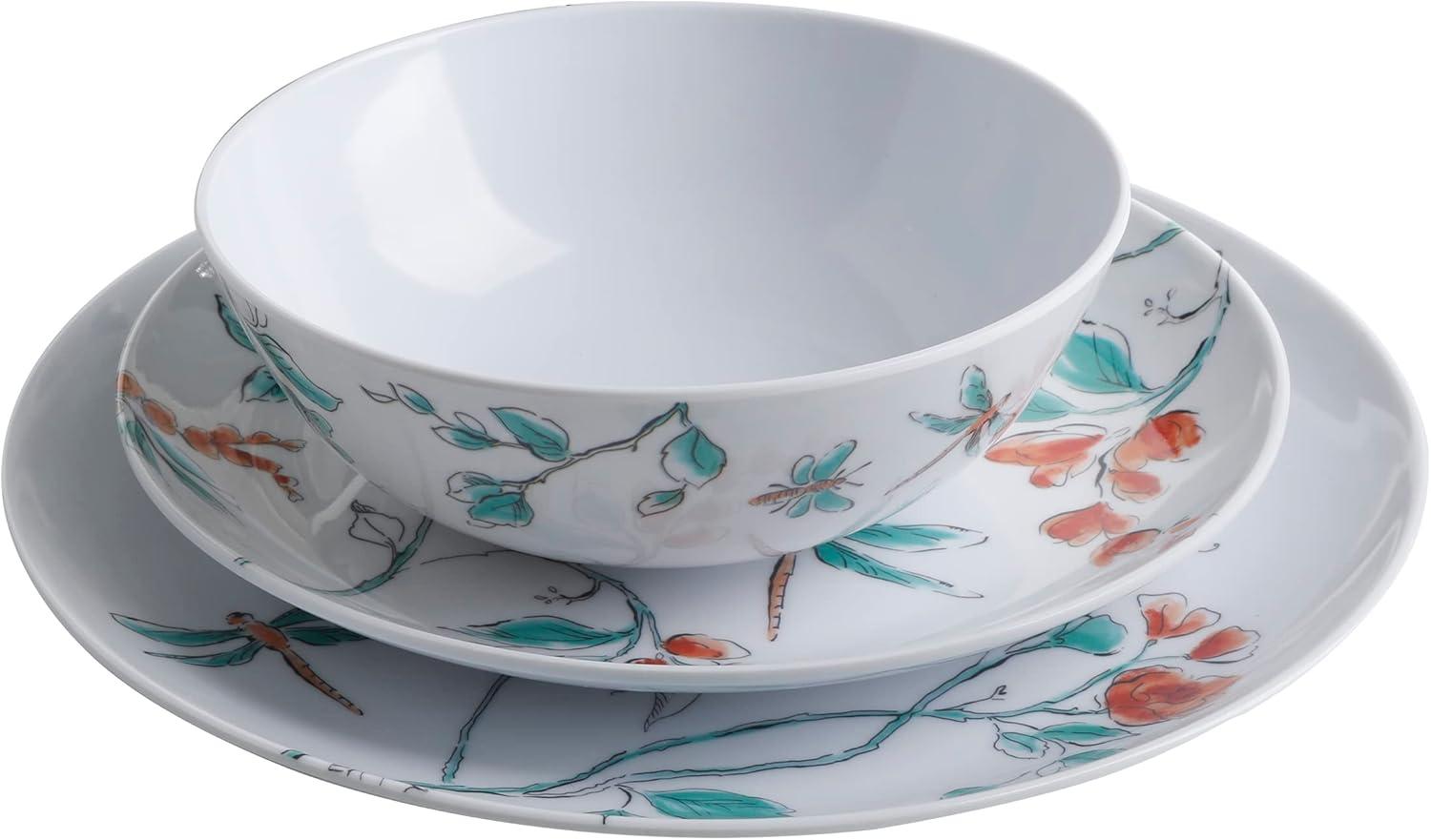 imageMartha Stewart Dragonfly 12 Piece Decorated Melamine Dinnerware Set WhiteWhite