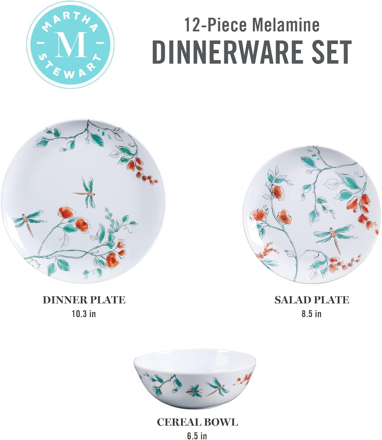 imageMartha Stewart Dragonfly 12 Piece Decorated Melamine Dinnerware Set WhiteWhite