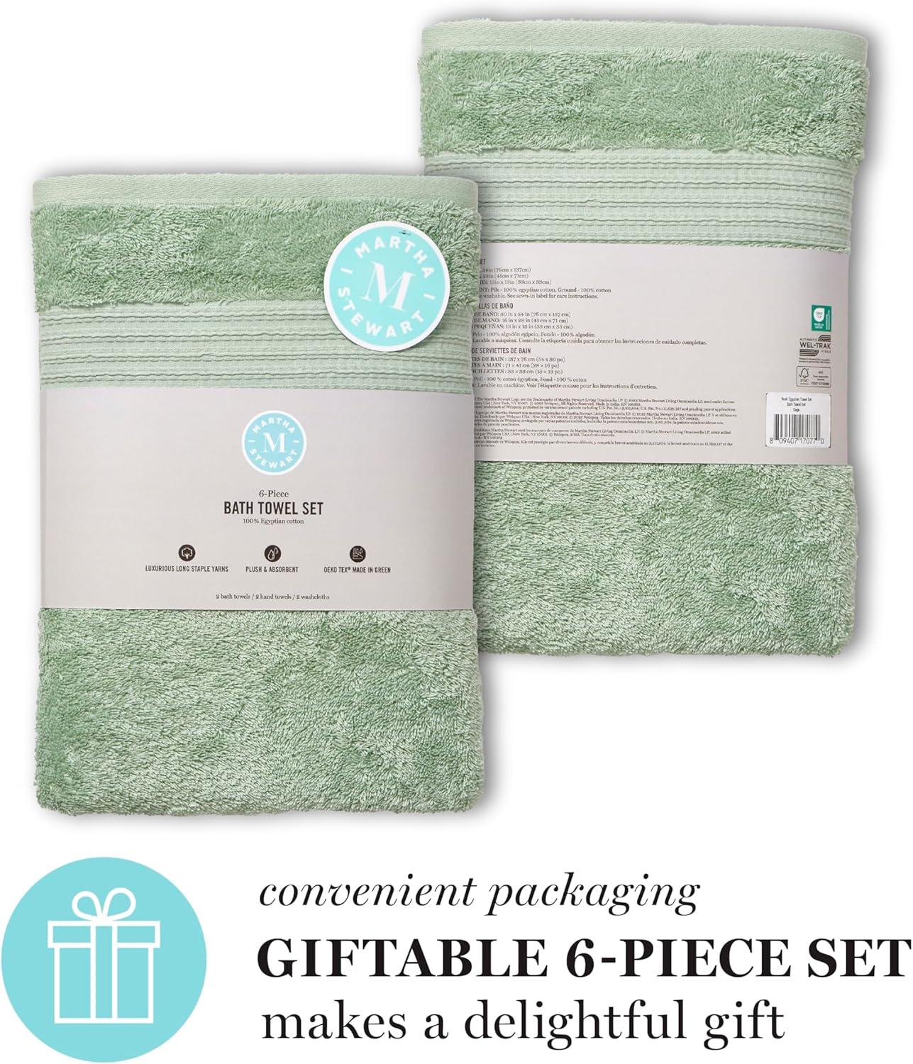 imageMartha Stewart Egyptian Cotton Bath Towels Set 6 Piece 2 Bath Towels 2 Hand Towels 2 Washcloths Absorbent Bathroom Towels Bathroom Essentials OysterSage
