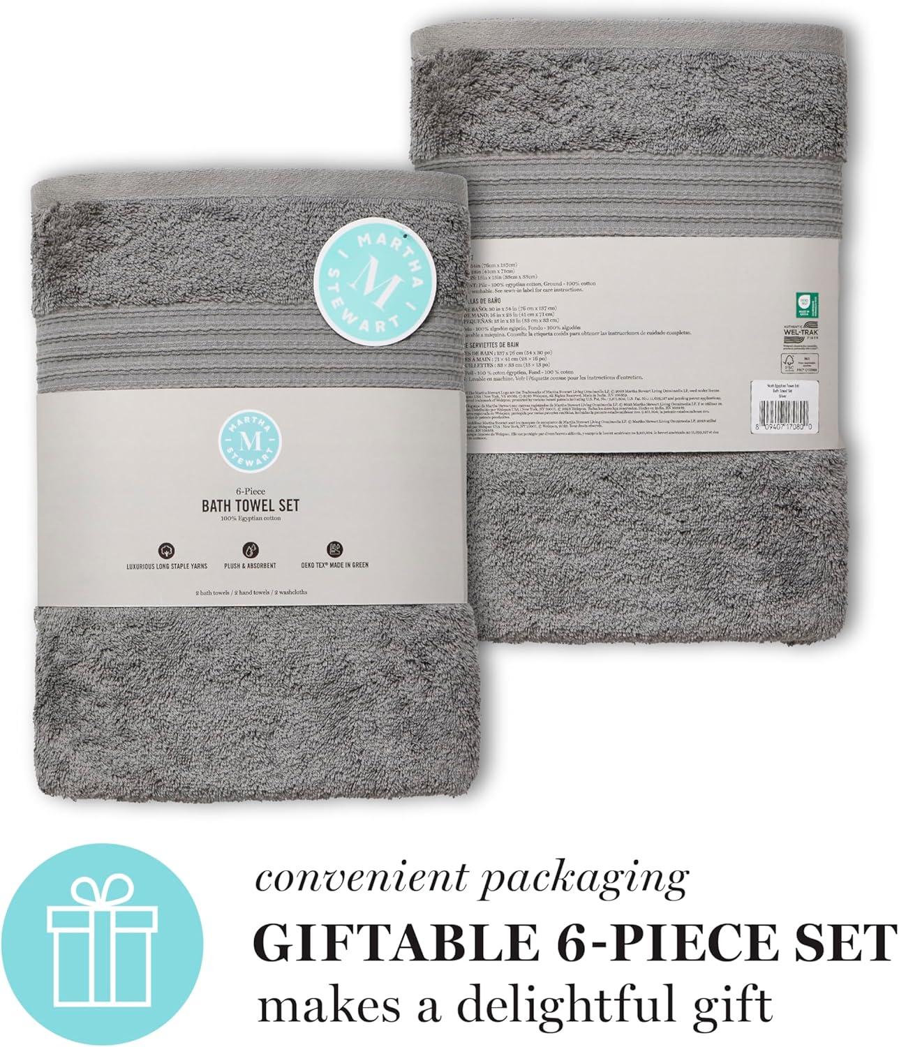 imageMartha Stewart Egyptian Cotton Bath Towels Set 6 Piece 2 Bath Towels 2 Hand Towels 2 Washcloths Absorbent Bathroom Towels Bathroom Essentials OysterDark Gray