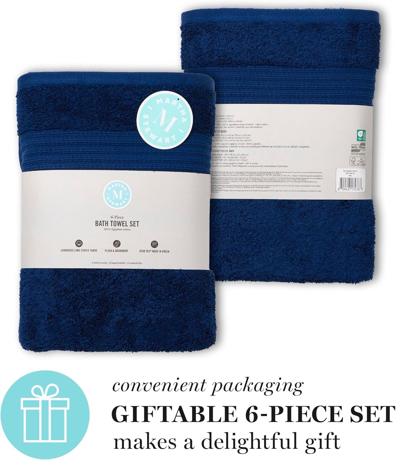imageMartha Stewart Egyptian Cotton Bath Towels Set 6 Piece 2 Bath Towels 2 Hand Towels 2 Washcloths Absorbent Bathroom Towels Bathroom Essentials OysterNavy
