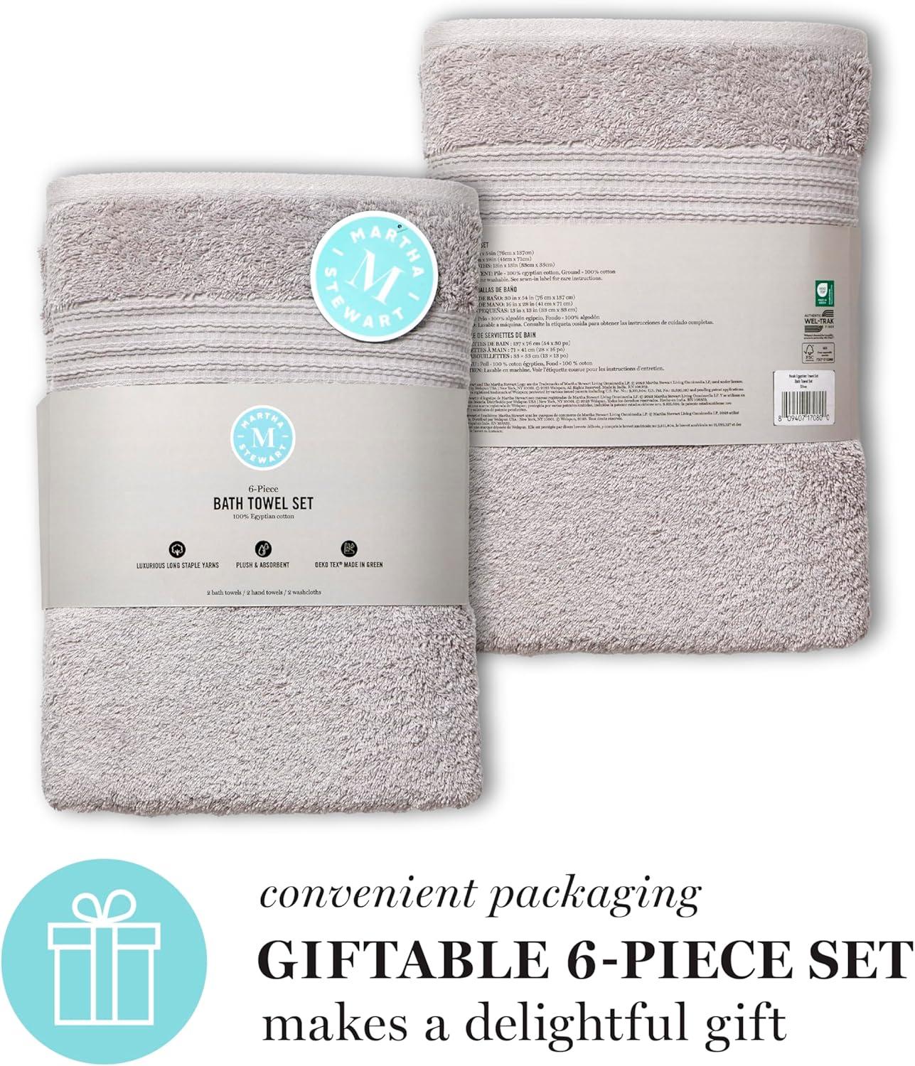 imageMartha Stewart Egyptian Cotton Bath Towels Set 6 Piece 2 Bath Towels 2 Hand Towels 2 Washcloths Absorbent Bathroom Towels Bathroom Essentials OysterSilver