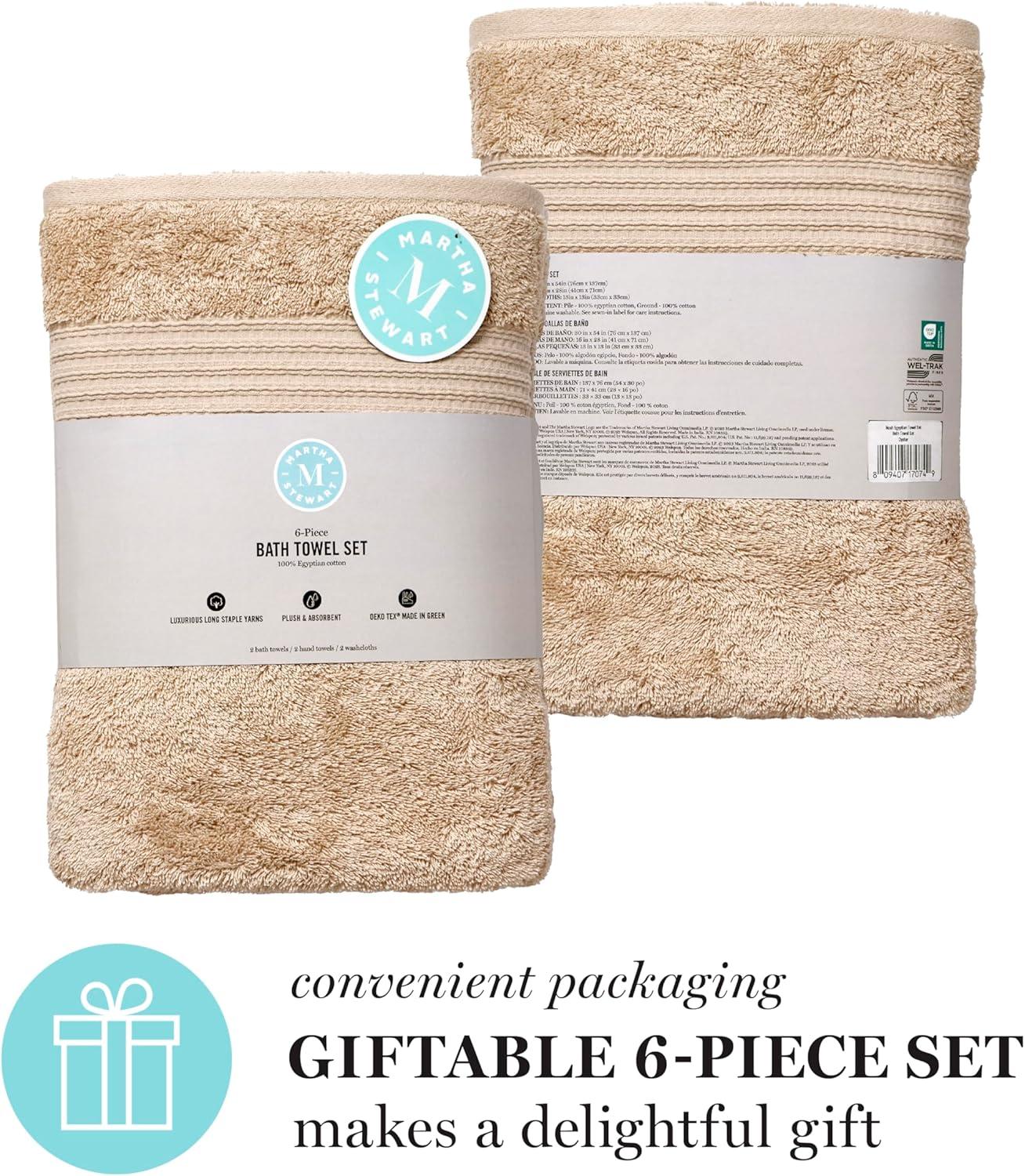 imageMartha Stewart Egyptian Cotton Bath Towels Set 6 Piece 2 Bath Towels 2 Hand Towels 2 Washcloths Absorbent Bathroom Towels Bathroom Essentials OysterOyster