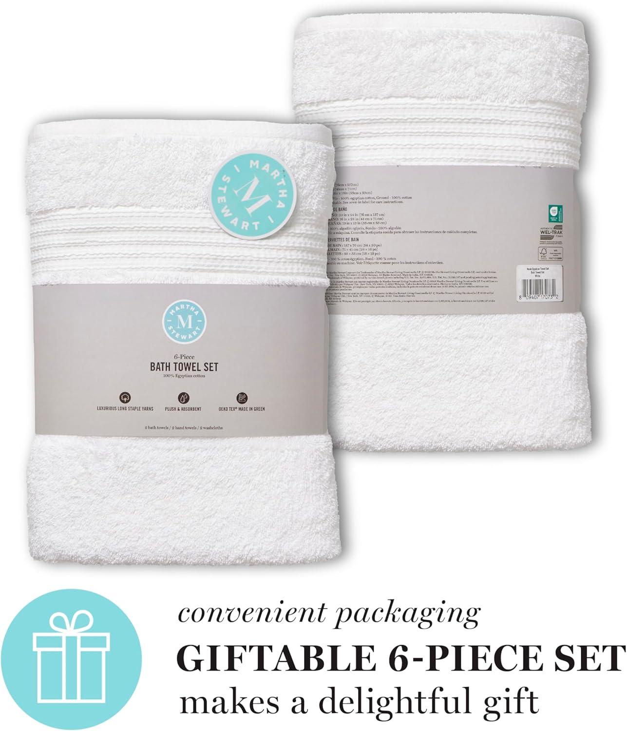 imageMartha Stewart Egyptian Cotton Bath Towels Set 6 Piece 2 Bath Towels 2 Hand Towels 2 Washcloths Absorbent Bathroom Towels Bathroom Essentials OysterNew White