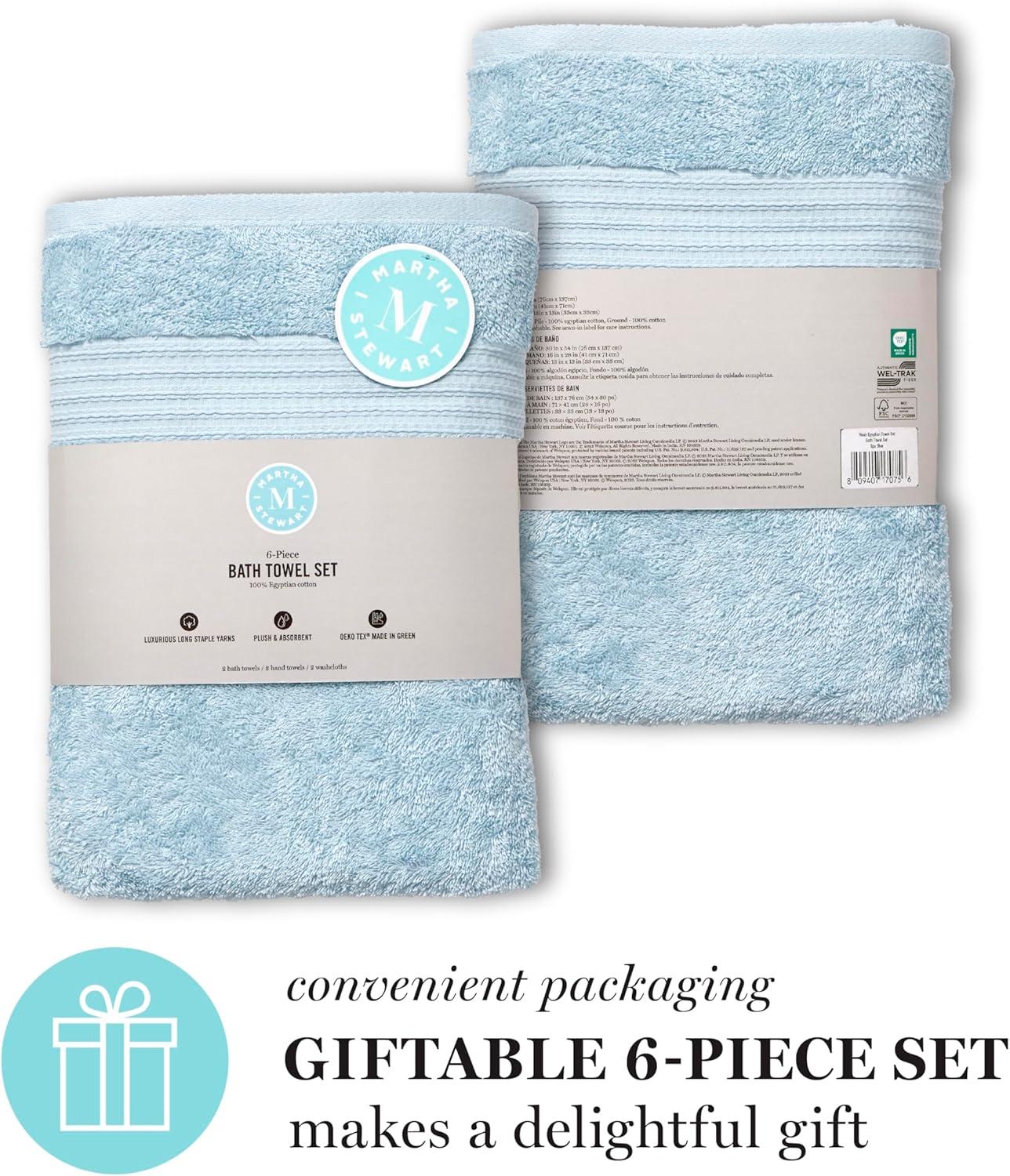 imageMartha Stewart Egyptian Cotton Bath Towels Set 6 Piece 2 Bath Towels 2 Hand Towels 2 Washcloths Absorbent Bathroom Towels Bathroom Essentials OysterSpa Blue