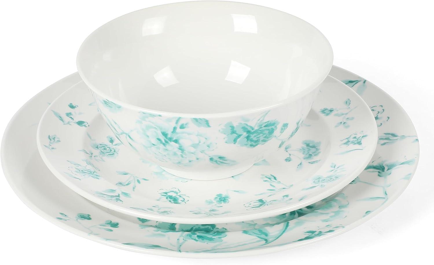 imageMartha Stewart Empress Bouquet 12Piece Decorated Porcelain Chip and Scratch Resistant Dinnerware Plates and Bowls Set Teal Floral